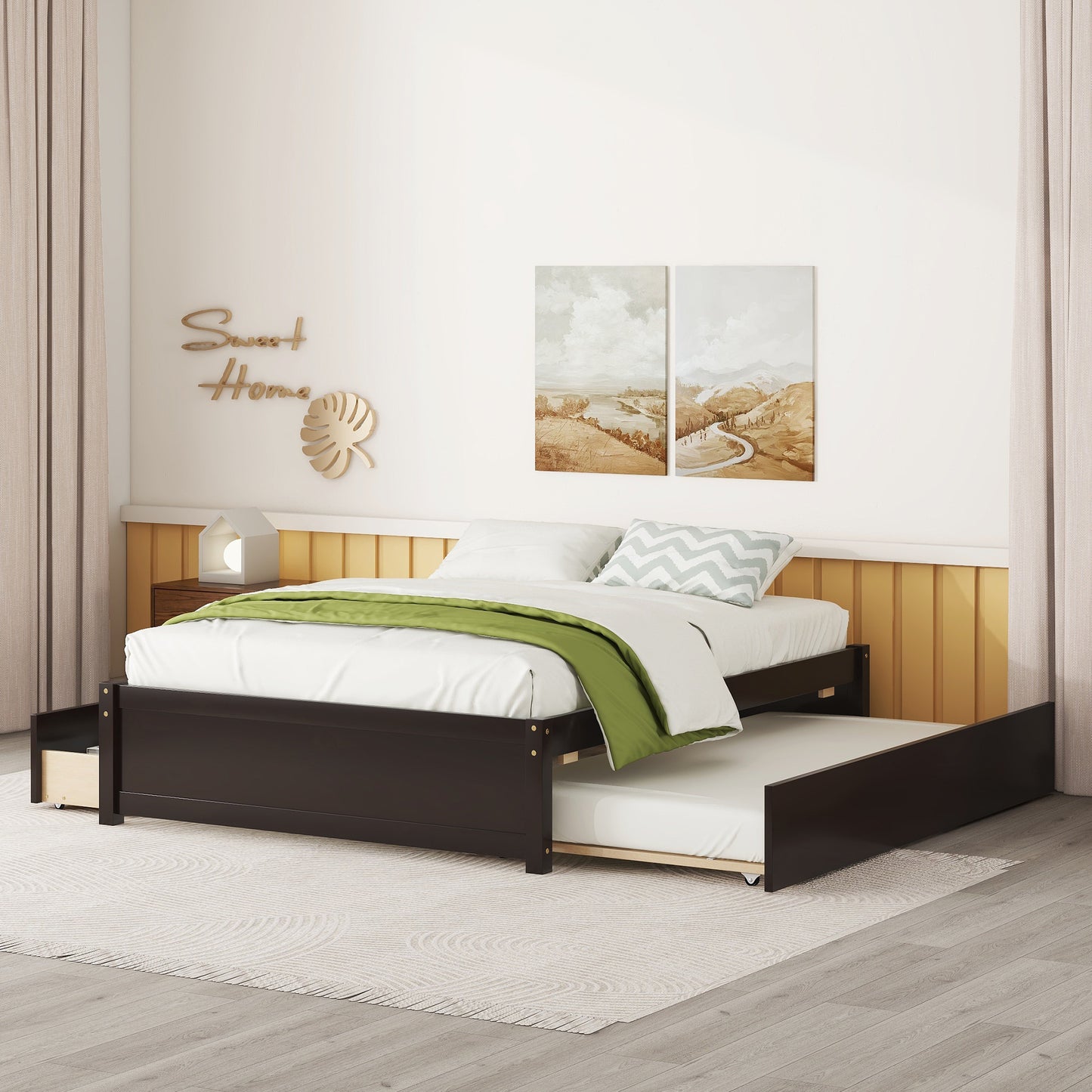 FULL BED WITH TWIN SIZE TRUNDLE AND TWO DRAWERS FOR ESPRESSO COLOR