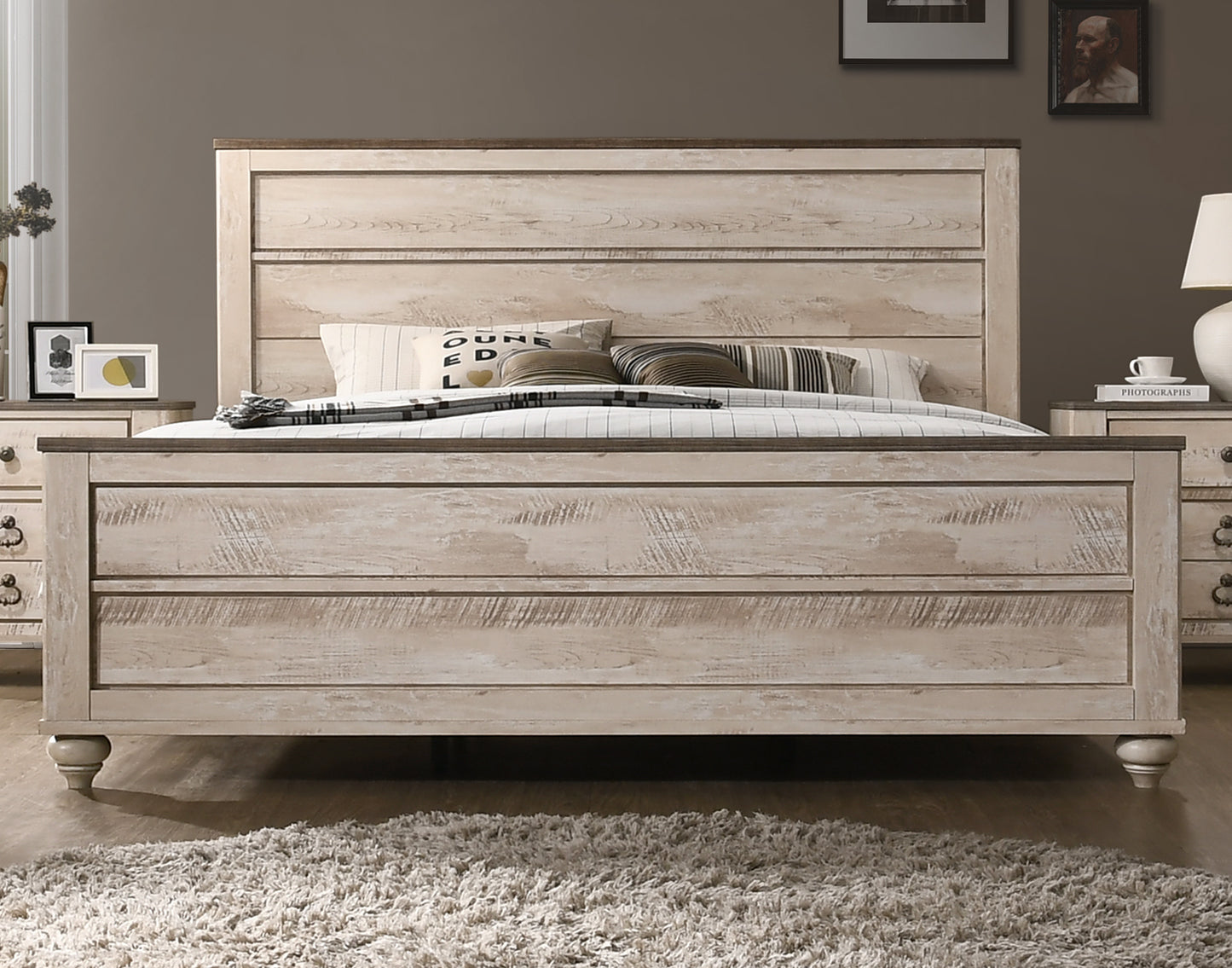 Imerland Contemporary White Wash Finish Bedroom Set, King Bed, Dresser, Mirror, Nightstand and Chest