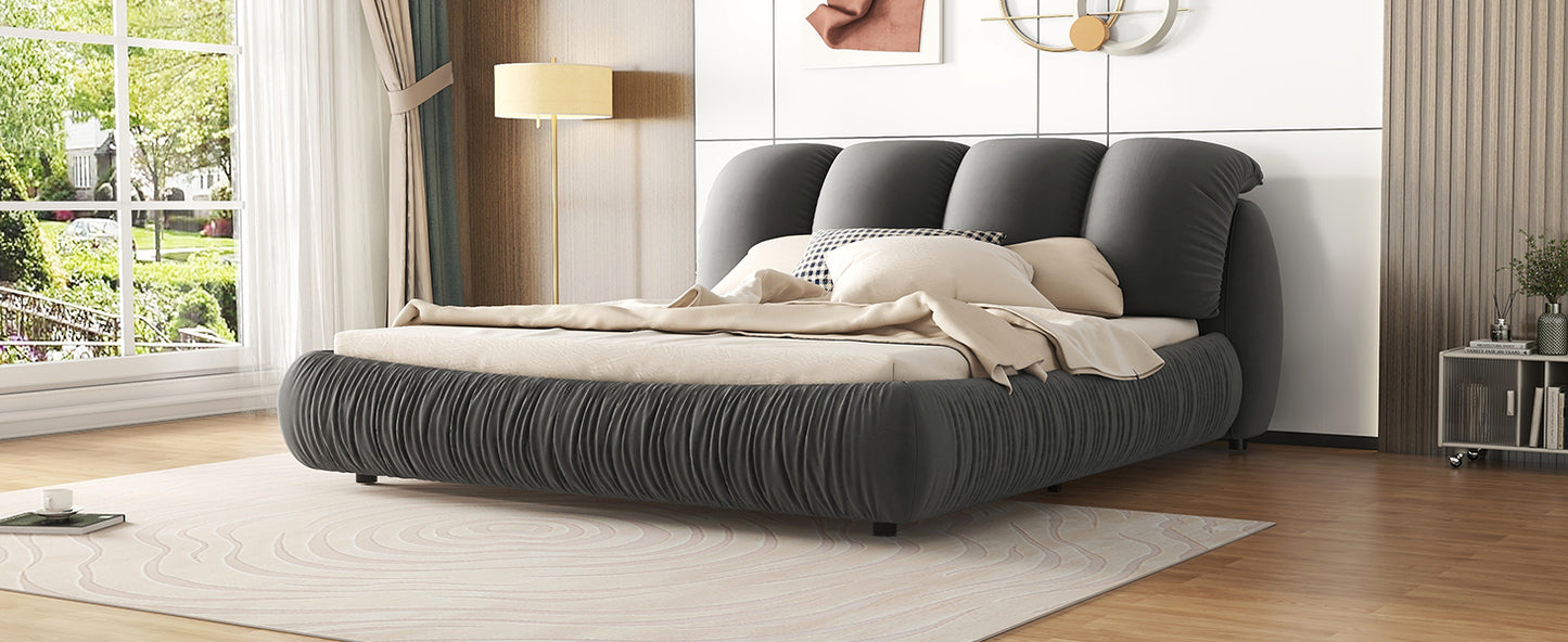 King Size Luxury Upholstered Bed with Thick Headboard, Velvet King Bed with Oversized Padded Backrest, Gray(Expect Arrive date 2024/3/15)