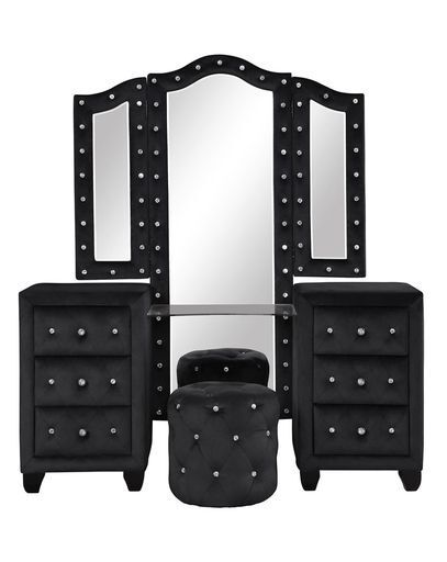 King 4 Pc Vanity Upholstery Bedroom Set Made With Wood in Black