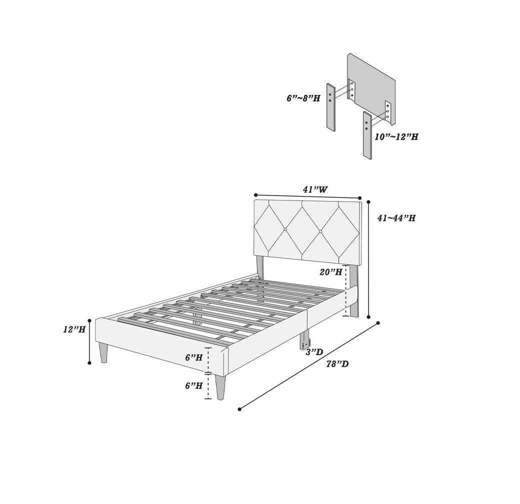 Twin Size Bed w Adjustable Headboard 1pc Bedframe, Navy Blue Velvet Upholstered Youth Bedroom Furniture