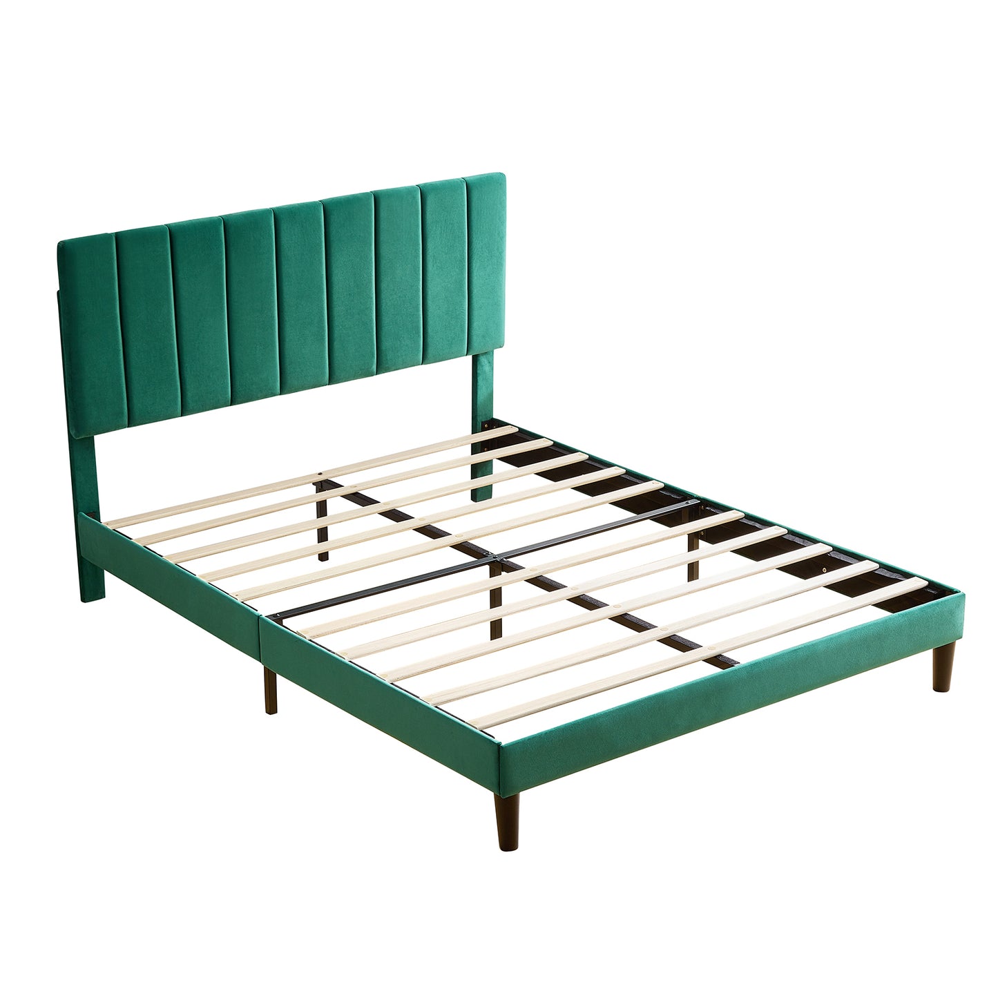 Full Size Frame Platform Bed with Upholstered Headboard and Slat Support, Heavy Duty Mattress Foundation, No Box Spring Required, Easy to Assemble, Green