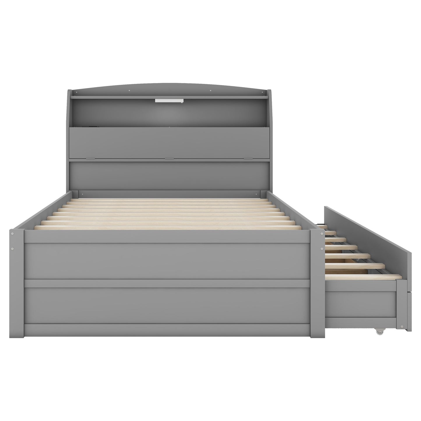 Full Size Wooden LED Platform Bed with Trundle, with Storage Headboard, with Drawers, Gray