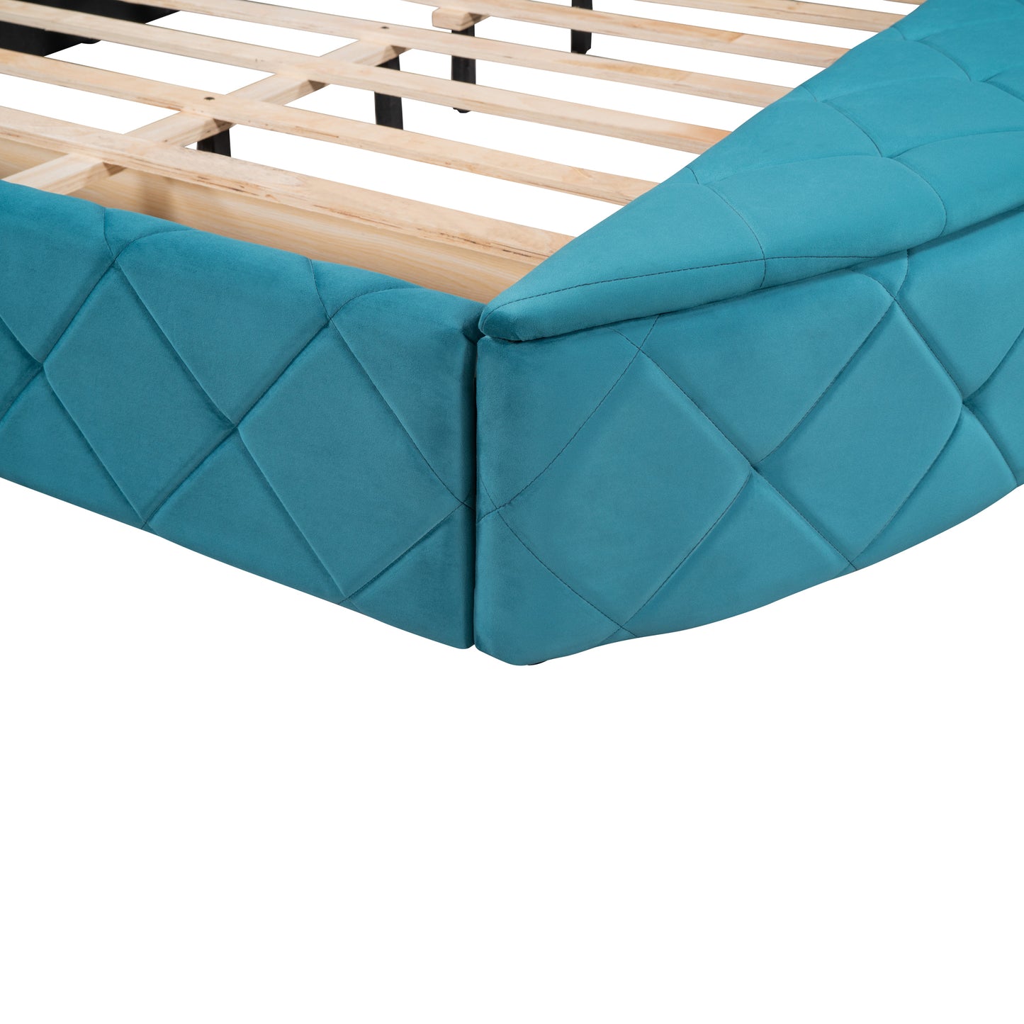 Upholstered Platform Bed Queen Size Storage Velvet Bed with Wingback Headboard and 1 Big Drawer,2 Side Storage Stool(Blue)