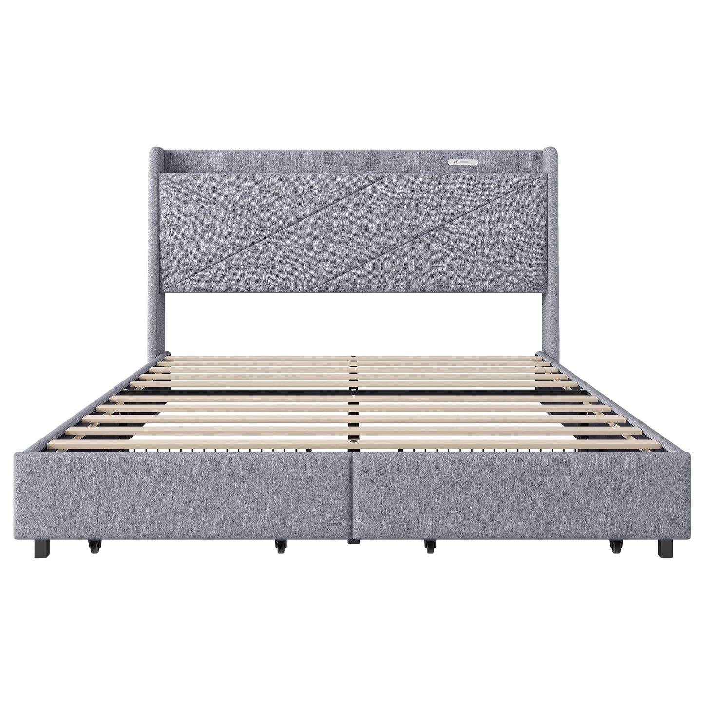 Queen Size Upholstery Platform Bed with Storage Headboard, LED, USB Charging and 2 Drawers, Gray