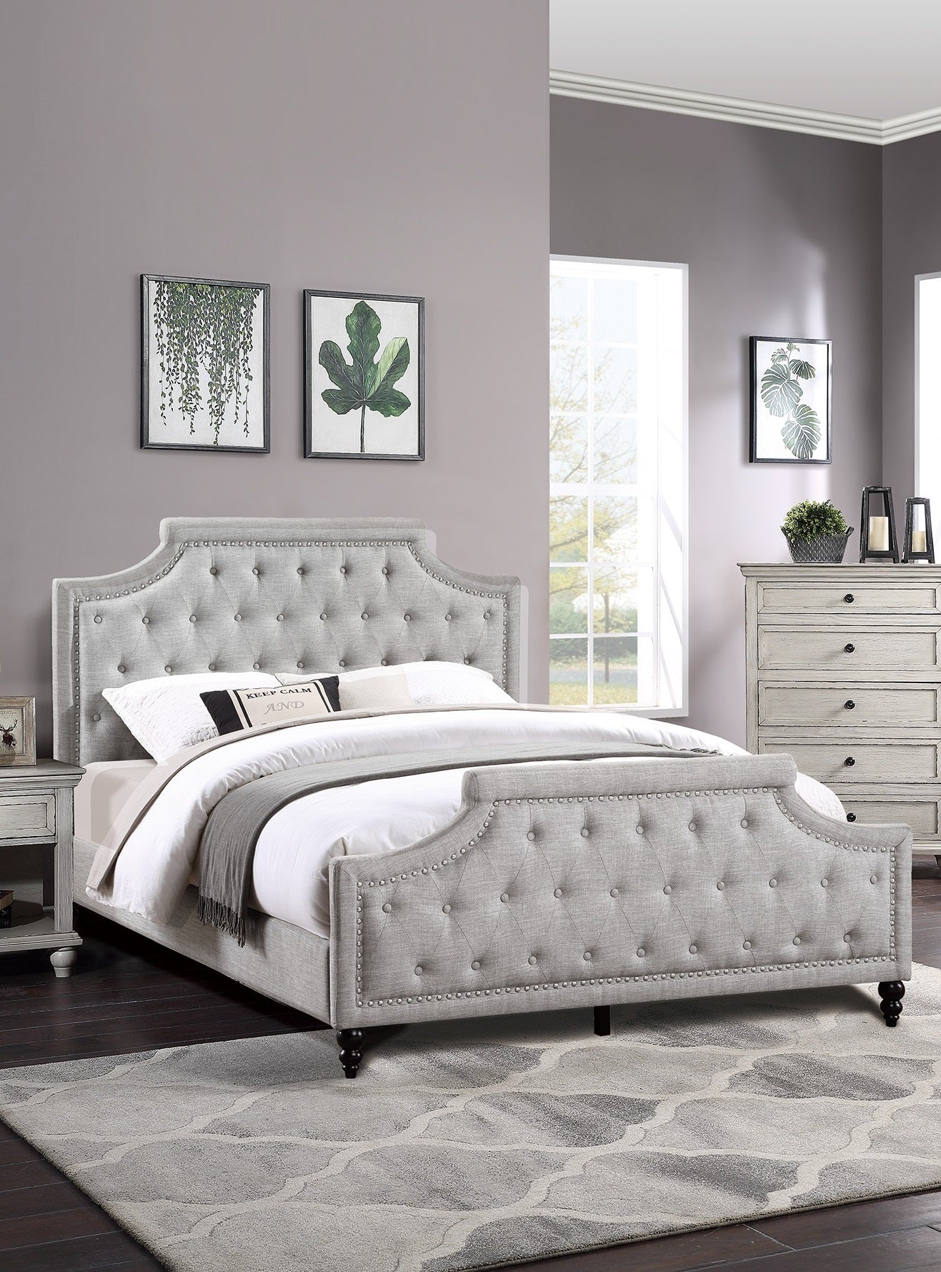 Grey Polyfiber American Traditional 1pcs Full Size Bed Only Button Tufted Headboard Footboard Bedroom Furniture