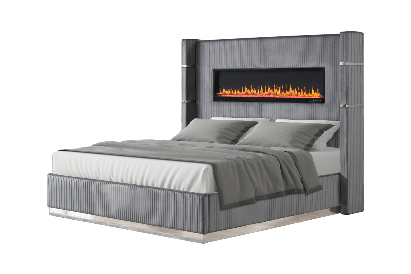 Upholstery Wooden King 5 PC Bedroom set with Ambient lighting in Gray Velvet Finish