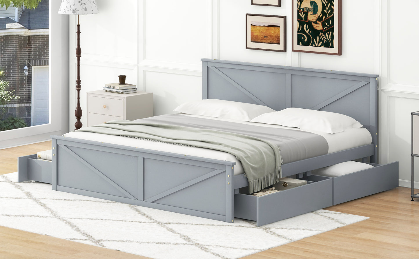 King Size Wooden Platform Bed with Four Storage Drawers and Support Legs, Gray