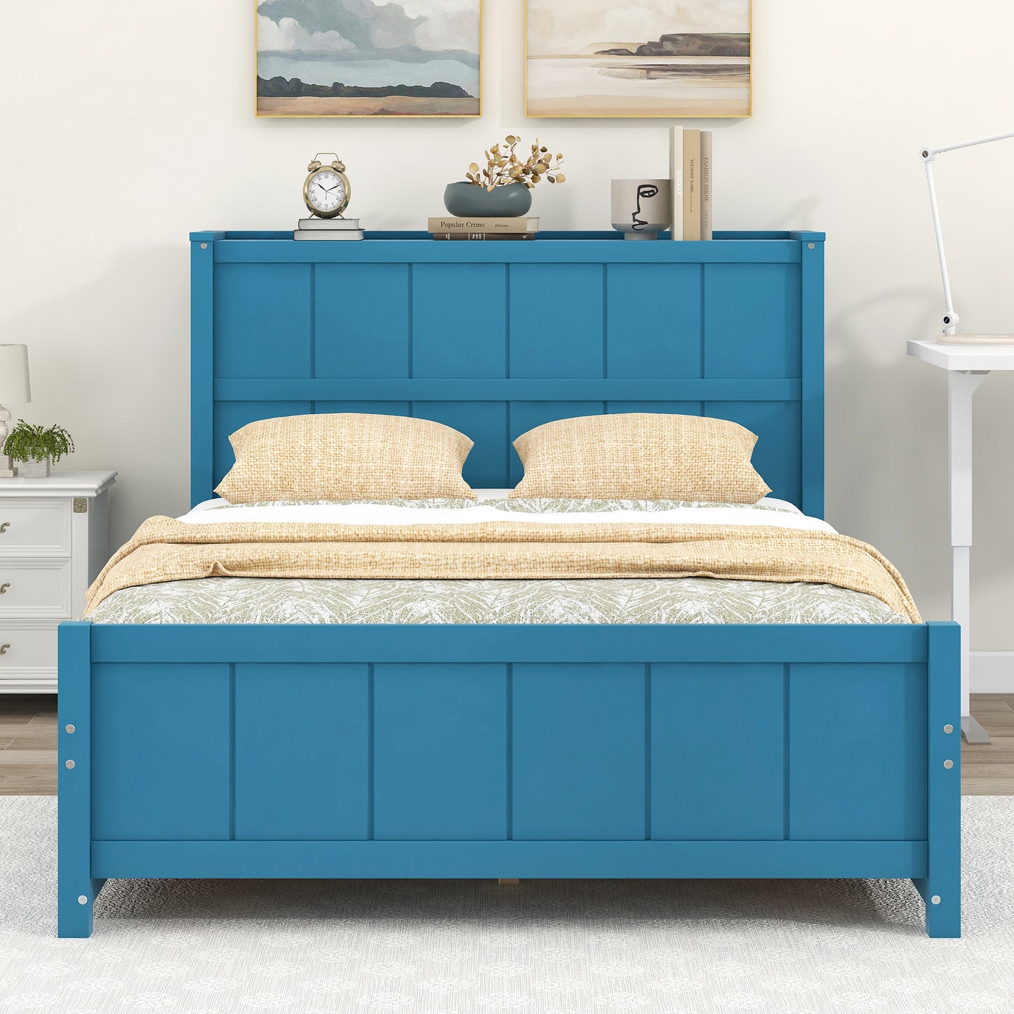 Full Size Platform Bed with Drawers and Storage Shelves, Blue