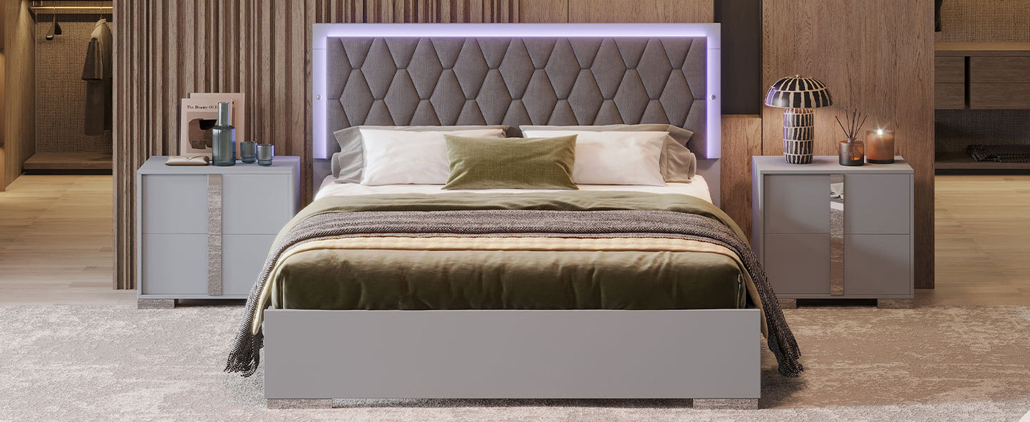 Queen Size Upholstered Bed with LED Lights,Modern Platform Bed with Velvet Headboard,Grey