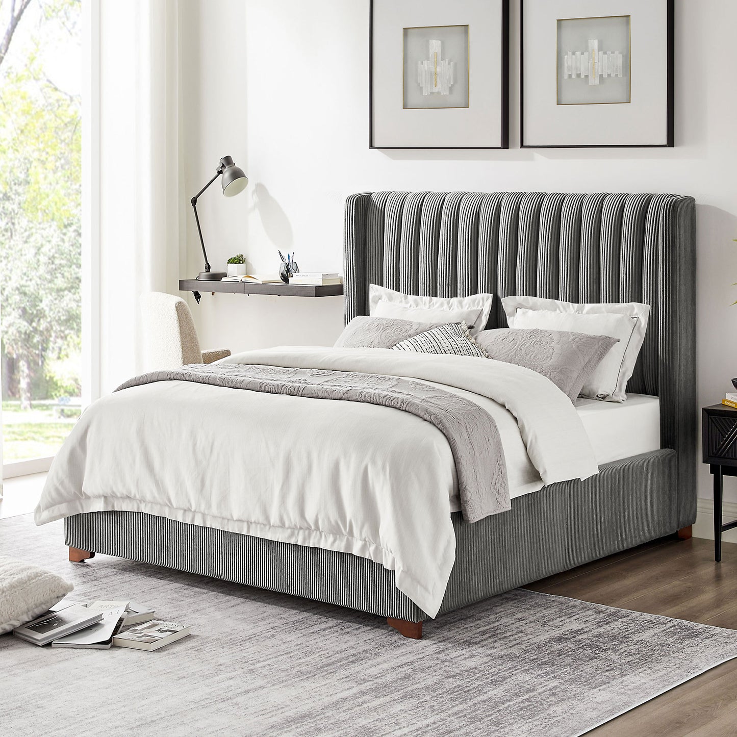 Full Size Modern Design Bed Frame Upholstered Queen Bed Frame Platform with Headboard Corduroy Headboard Wooden Slats Support, No Box Spring Needed,Mattress Foundation,Dark Grey