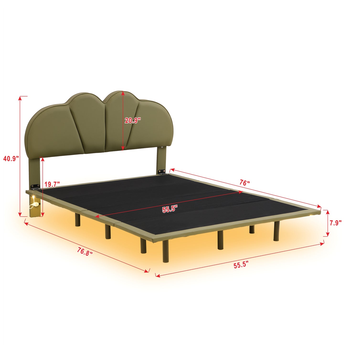 Full Size Upholstery LED Floating Bed with PU Leather Headboard and Support Legs,Green