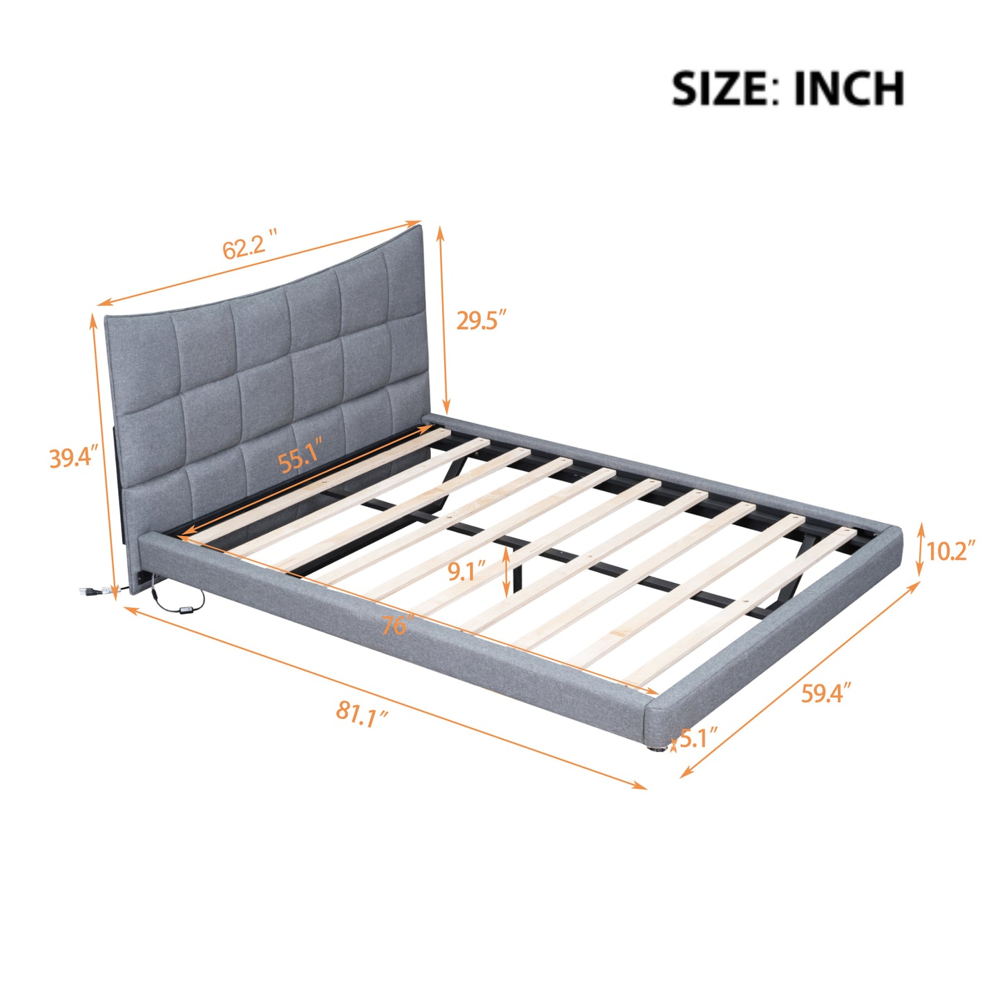 Full Size Upholstered Platform Bed with LED Lights,USB Ports and Outlets,Linen Fabric,Gray