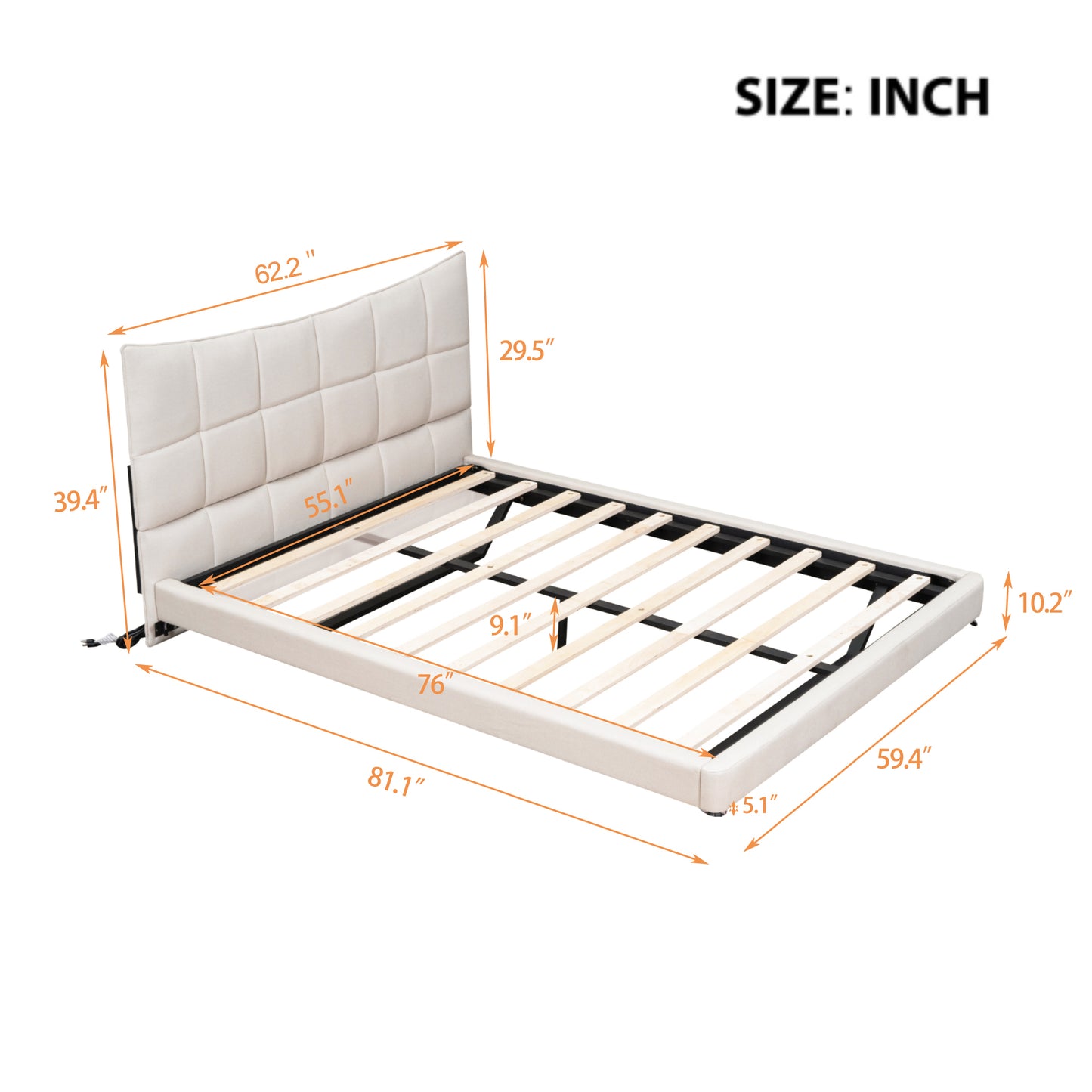 Full Size Upholstered Platform Bed with LED Lights,USB Ports and Outlets,Linen Fabric,Beige