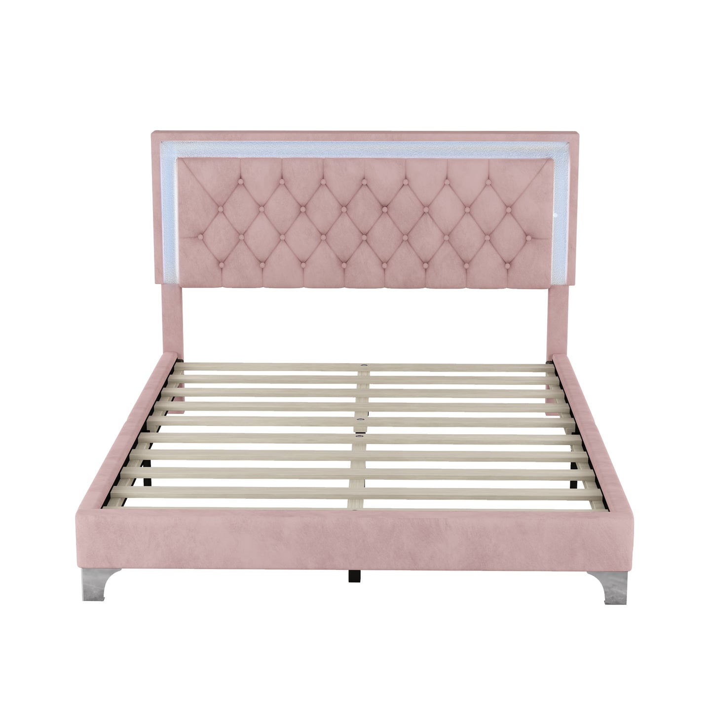 Juego de dormitorio de 3 piezas, cama tamaño queen tapizada con plataforma, luces LED y dos mesitas de noche, color rosa