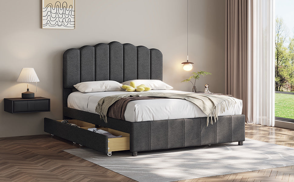 Full Size Upholstered Bed with 4 Storage Drawers,Wood Slat Support, Gray