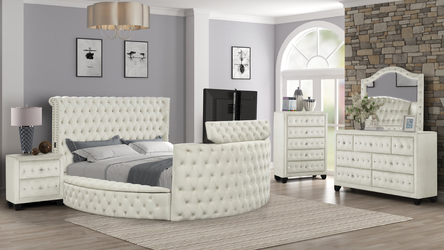 Modern Style Crystal Tufted Queen Bed  Made with wood in Cream