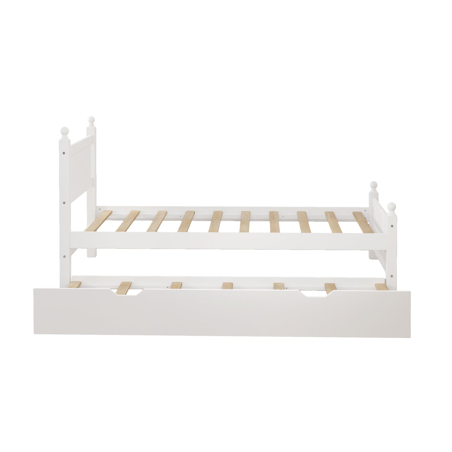 Twin Size Solid Wood Platform Bed Frame with trundle for Limited Space Kids, Teens, Adults, No Need Box Spring, White