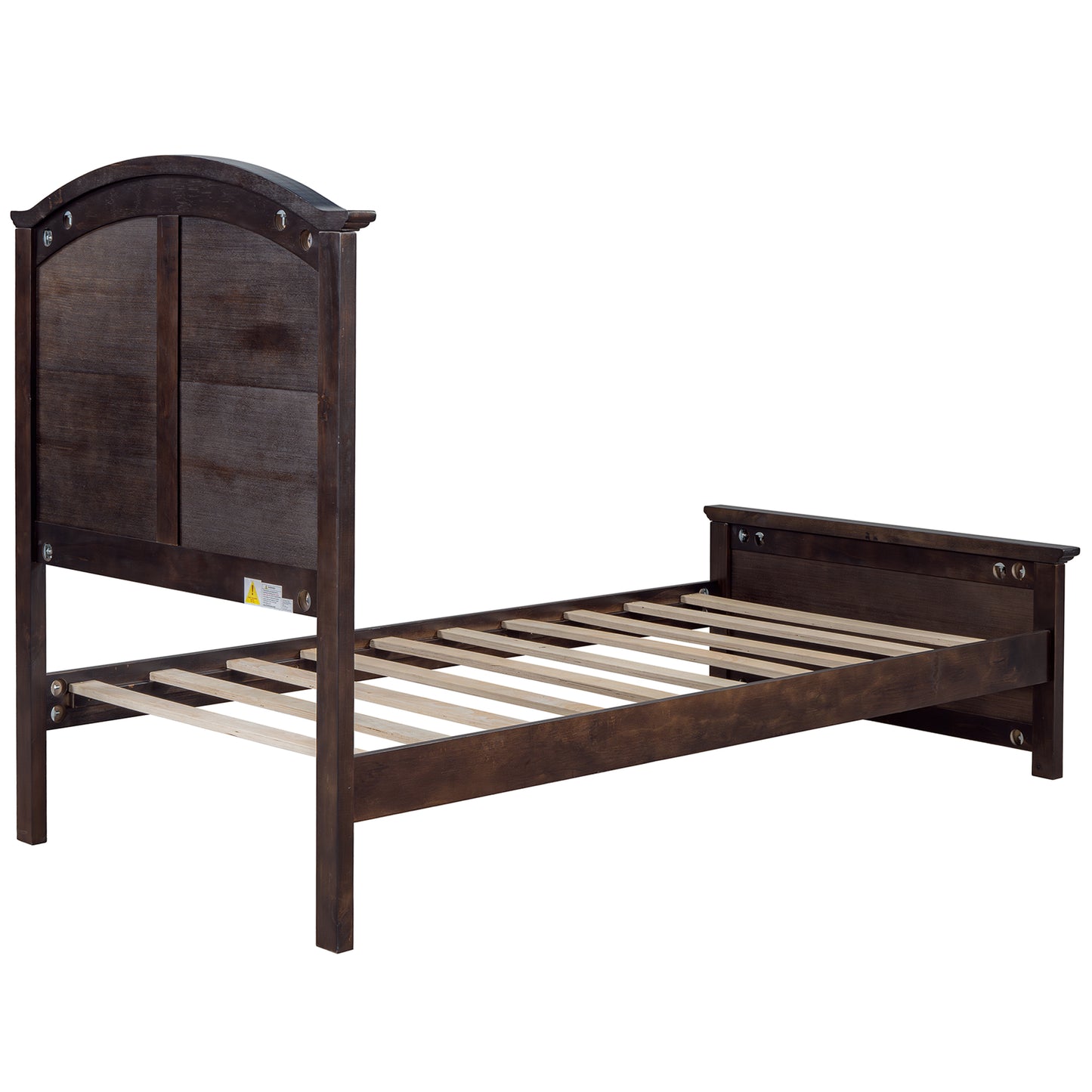 Farmhouse Wooden Platform Twin Size Bed with Curl Design Headboard and Footboard for Teenager, Espresso