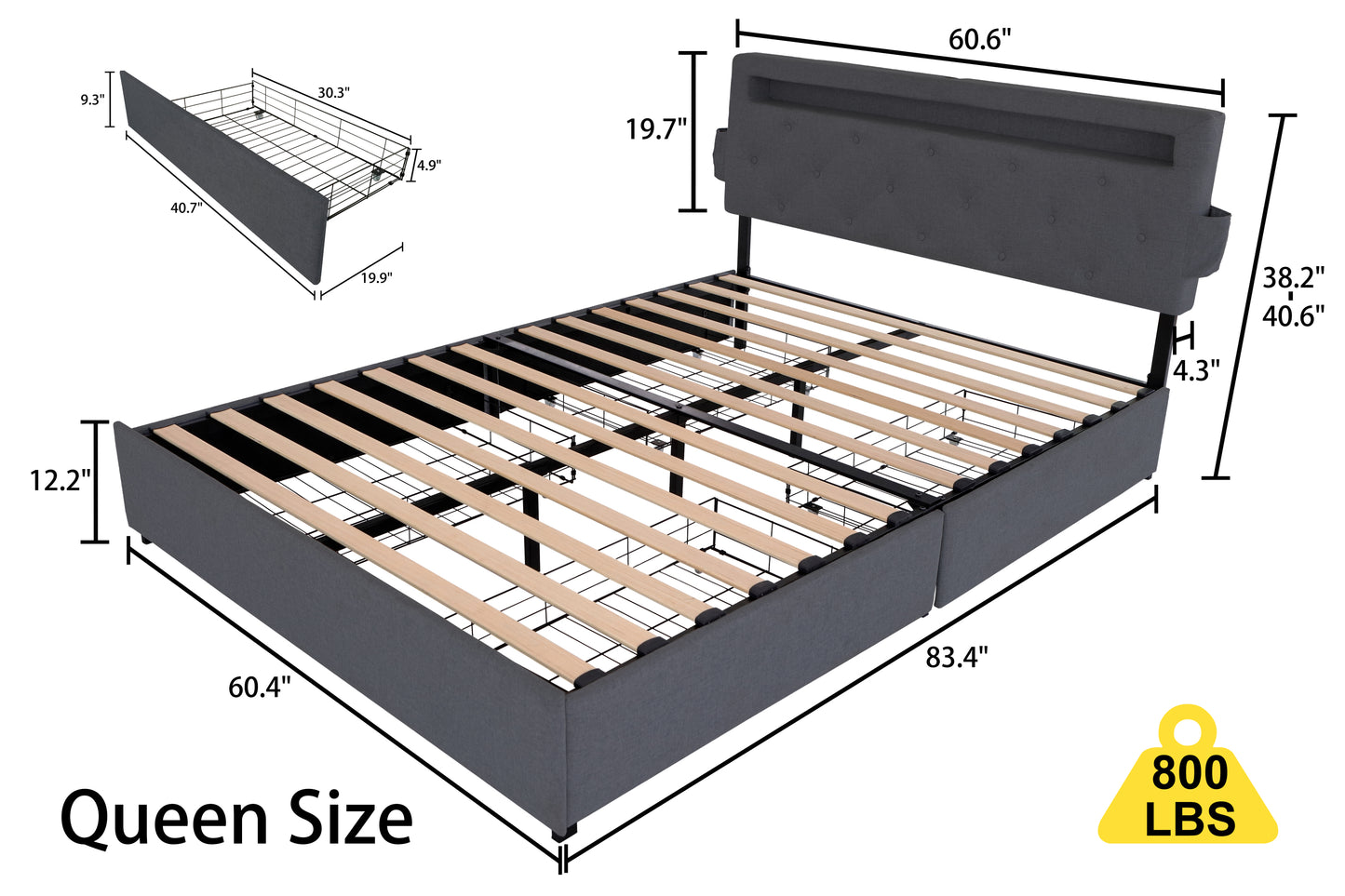 Queen Bed Frame with USB Charging Station & LED Lights, Queen Bed Frame with Headboard & 4 Storage Drawers, D