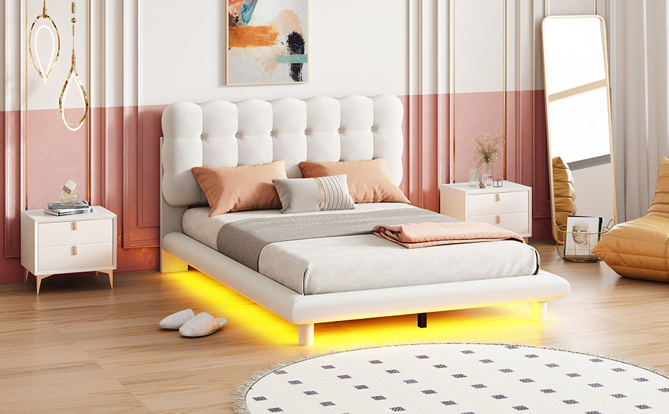 Full Size Velvet Platform Bed with LED Frame, Thick & Soft Fabric and Button-tufted Design Headboard, Beige