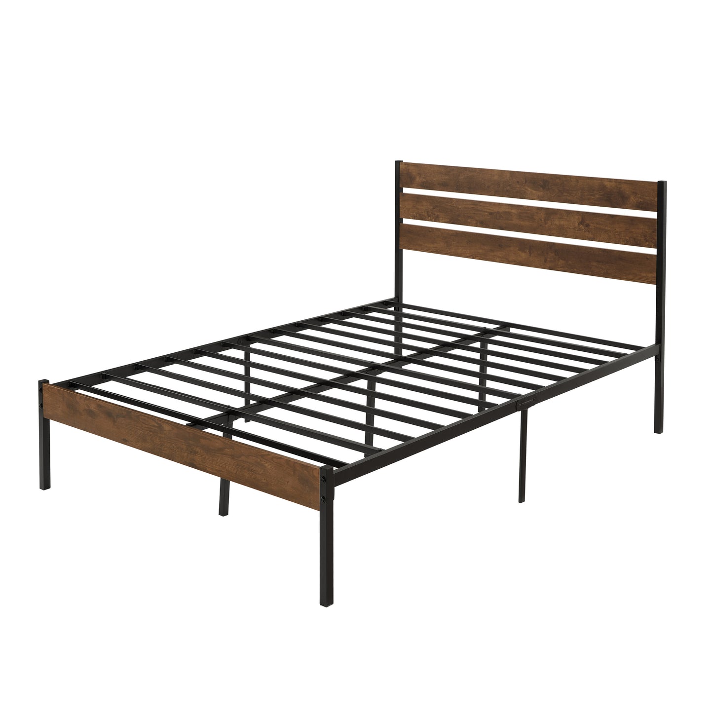 Full Size Bed Frame with Wood Headboard, Metal Frame with Strong Slats, Noise Free,No Box Spring Needed-Brown.