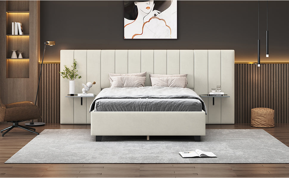 Full Size Upholstered Platform Bed with Big Headboard, Bedroom Furniture, Velvet, Beige