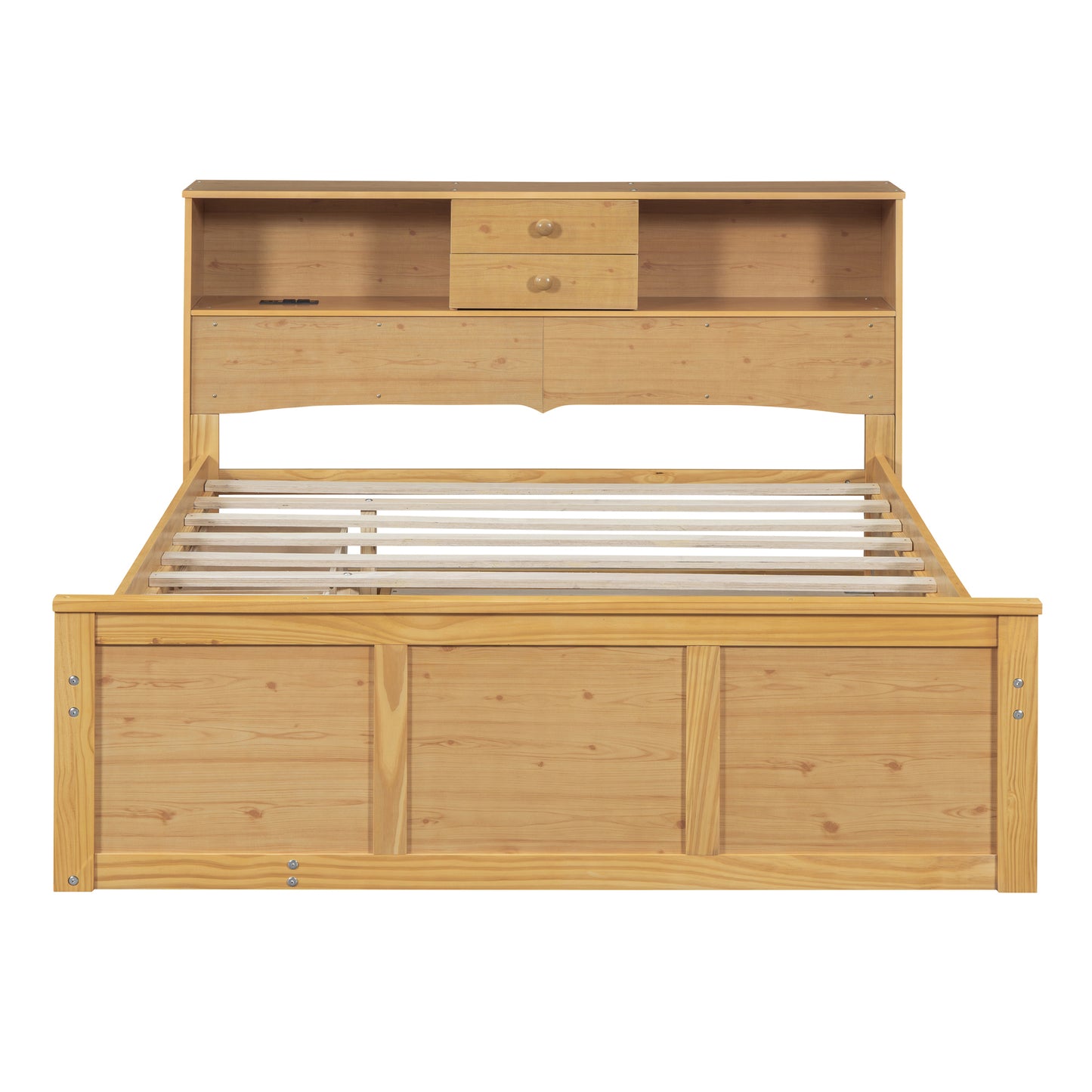 Full Size Wood Pltaform Bed with Twin Size Trundle, 3 Drawers, Upper Shelves and a set of USB Ports & Sockets, Natural