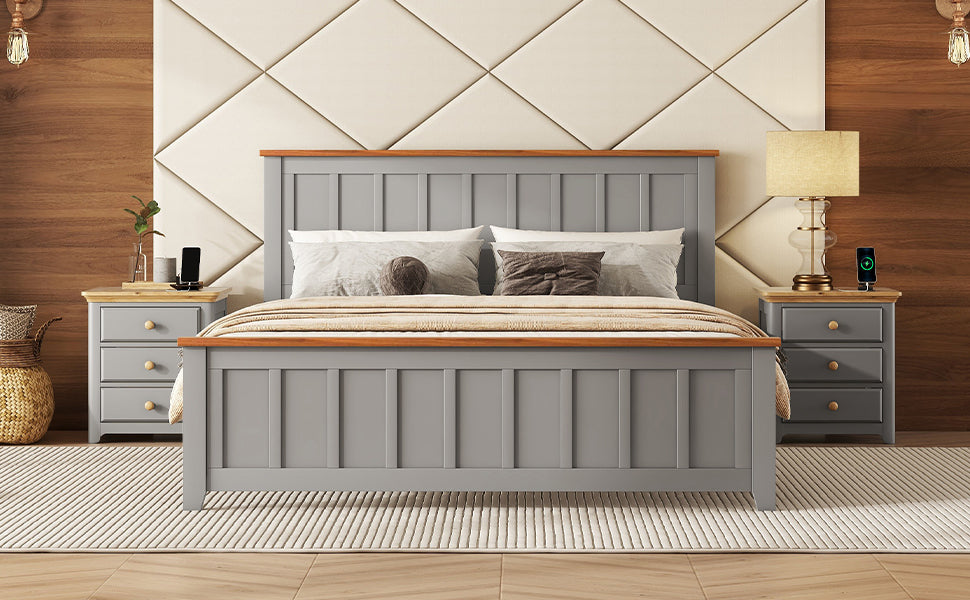 Queen Size Wood Platform Bed Wooden Slat Support, Vintage Simple Bed Frame with Rectangular Headboard and Footboard, Grey