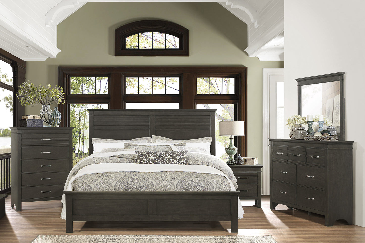 Charcoal Gray Finish Queen Bed 1pc Transitional Style Wooden Bedroom Furniture Panel Bed