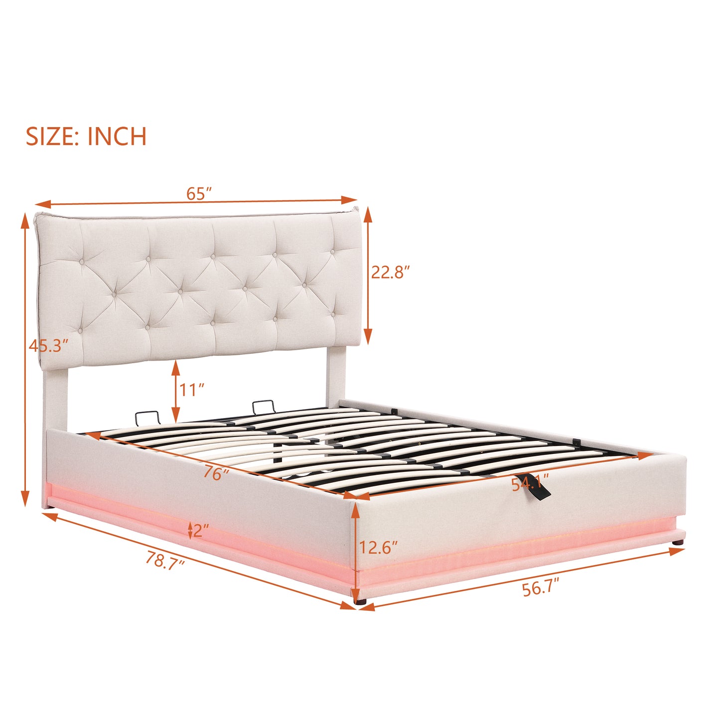 Full Size Upholstered Bed with Hydraulic Storage System and LED Light, Modern Platform Bed with Button-tufted Design Headboard, Beige