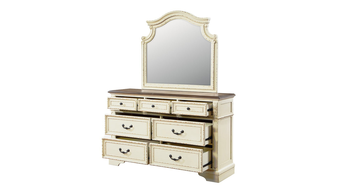 Ensemble de chambre à coucher Queen de style traditionnel 5 pièces avec tête de lit capitonnée à boutons en bois beige antique