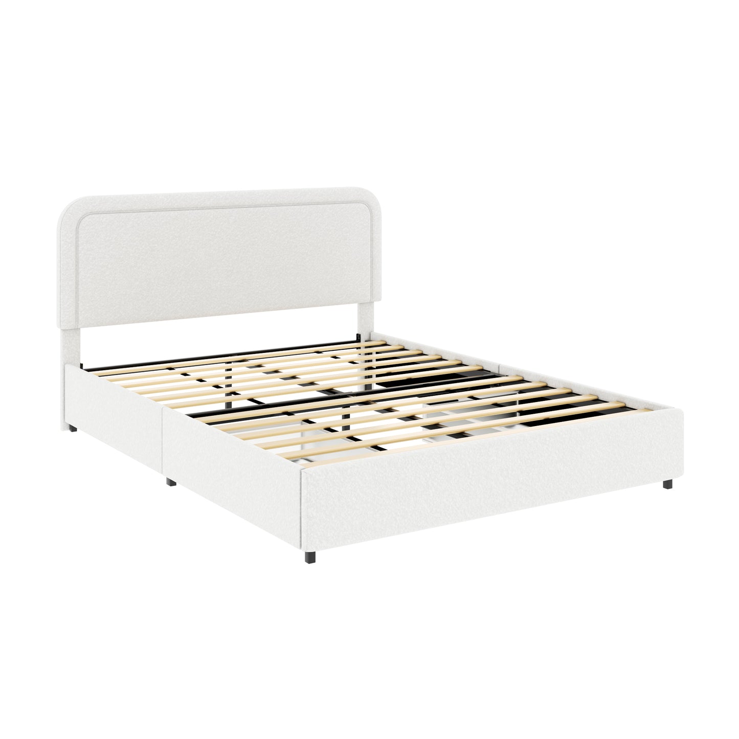 Cama Queen Size con dos cajones y plataforma tapizada en bouclé color marfil, cabecera con mechones curvos y costuras, soporte de colchón con listones de madera, no necesita somier