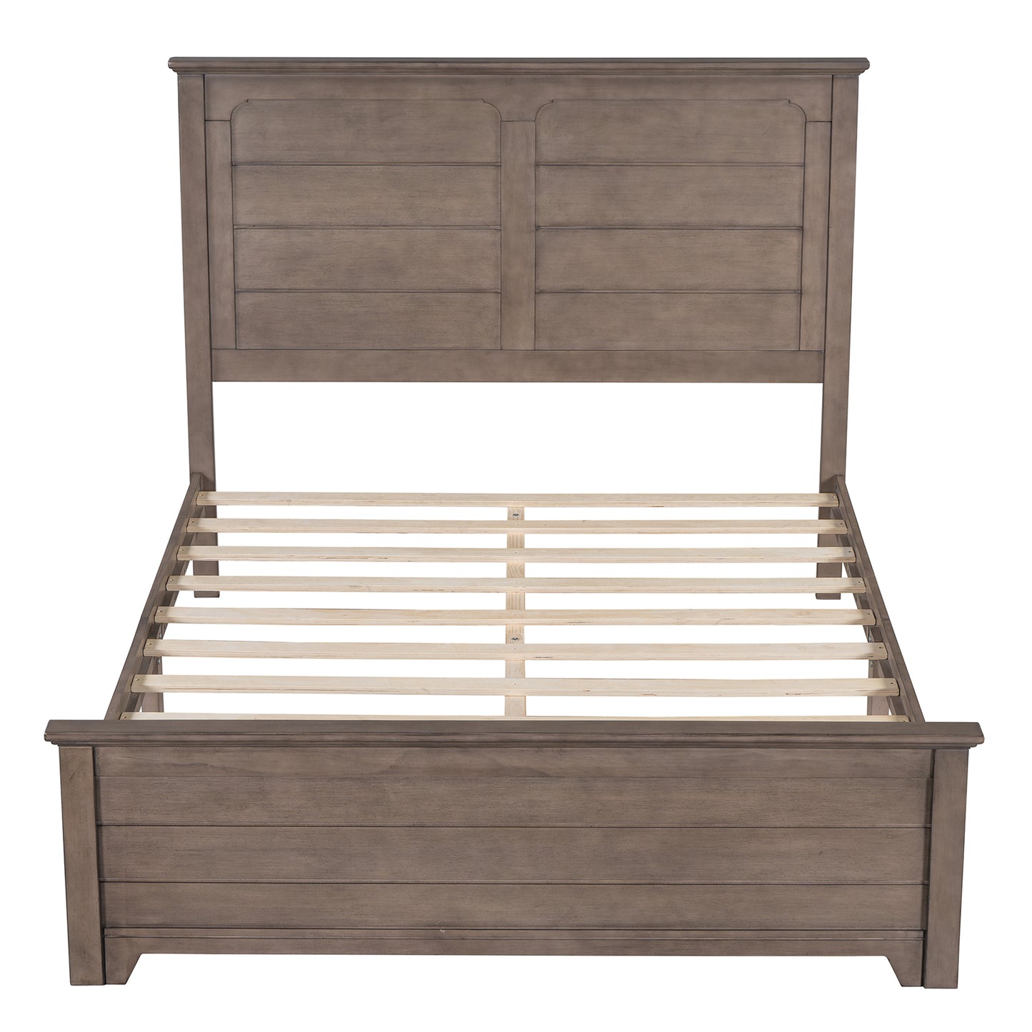 Farmhouse Wooden Platform Queen Size Bed with Panel Design Headboard and Footboard for Teenager, Ash Brown