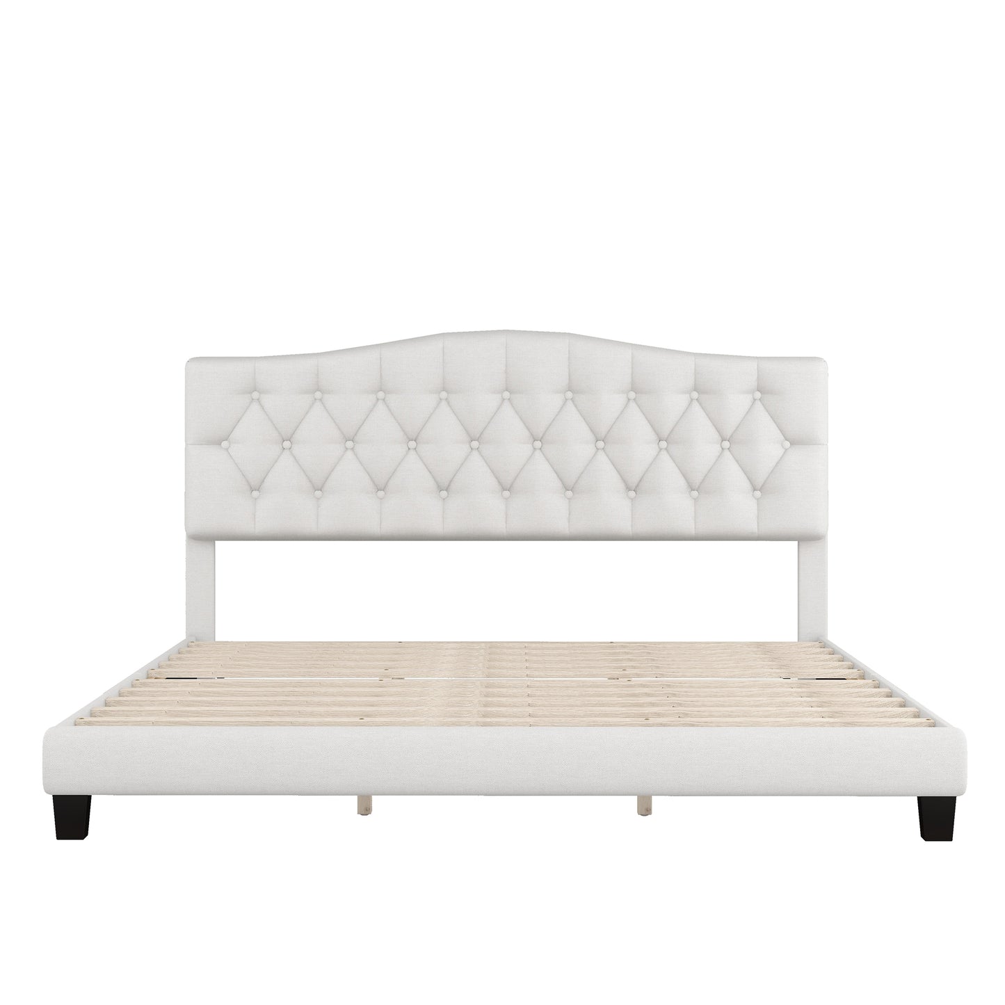 Upholstered Platform Bed with Saddle Curved Headboard and Diamond Tufted Details, King, Beige