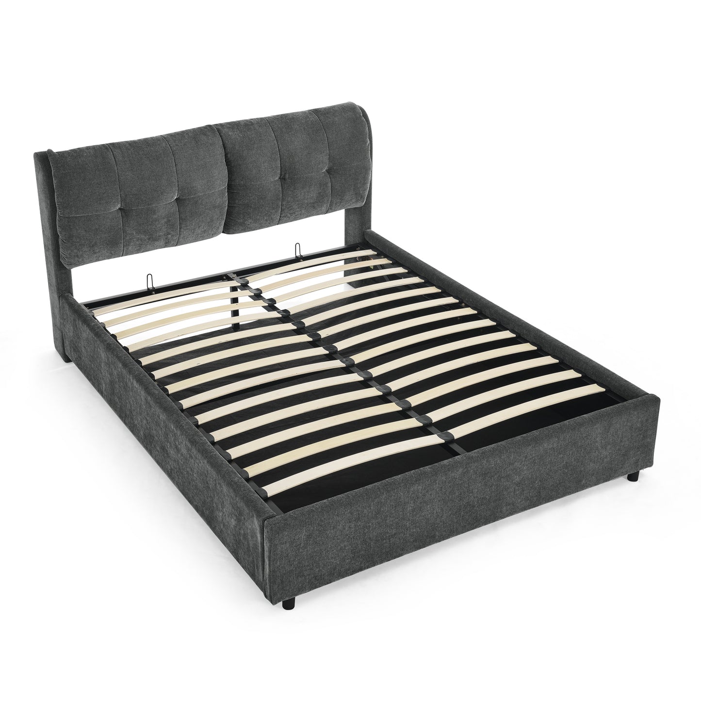 Cama tamaño queen con plataforma hidráulica tapizada, cabecero integrado, tela de chenilla, color gris