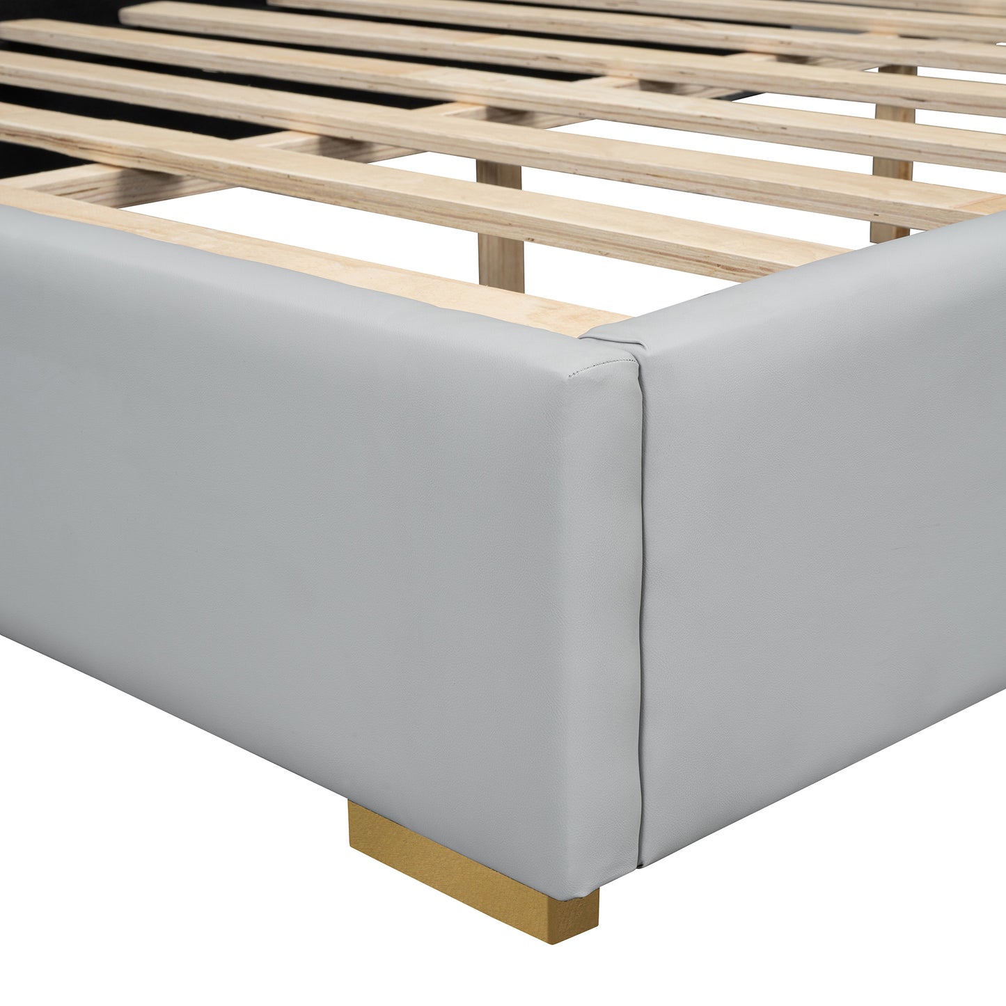 Queen Size Upholstered Platform Bed with Metal Strips, Off-white