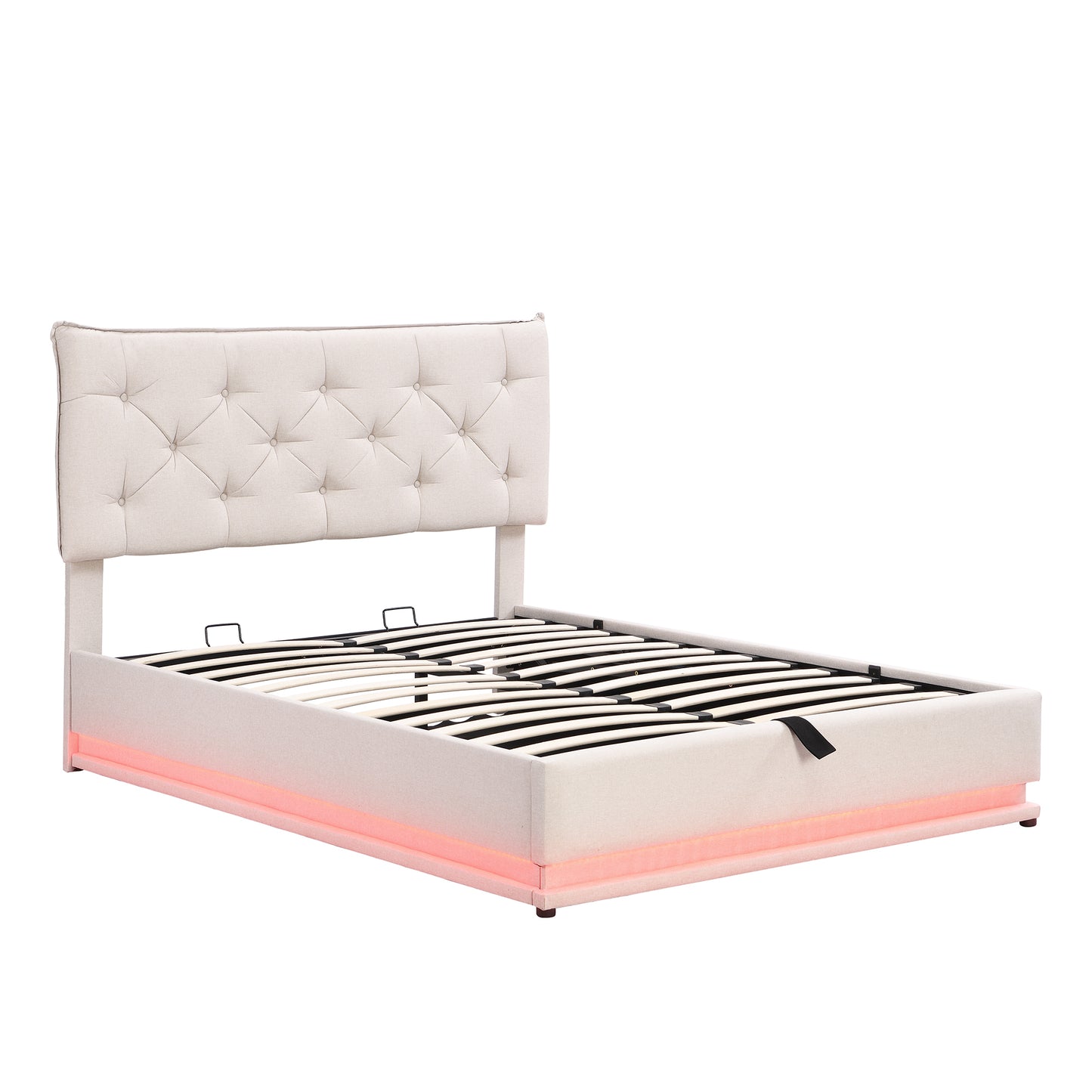 Full Size Upholstered Bed with Hydraulic Storage System and LED Light, Modern Platform Bed with Button-tufted Design Headboard, Beige