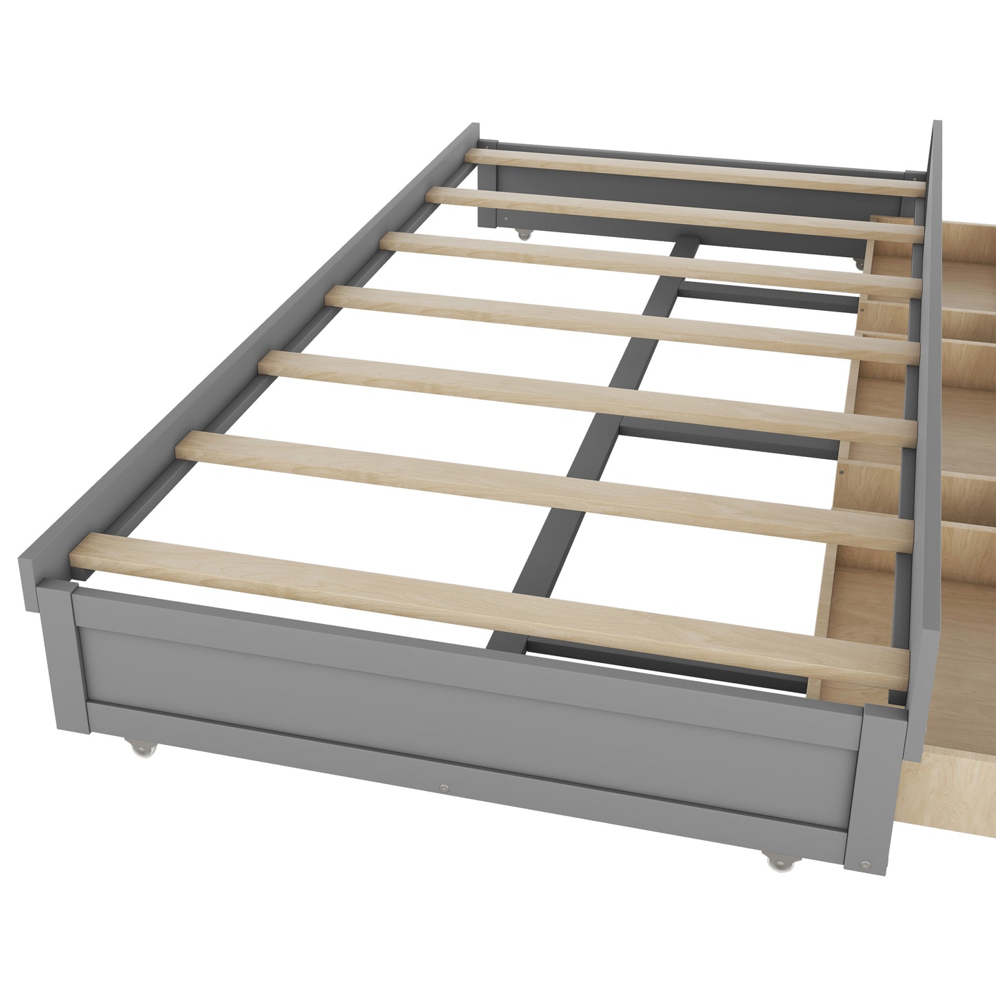 Full Size Wooden LED Platform Bed with Trundle, with Storage Headboard, with Drawers, Gray