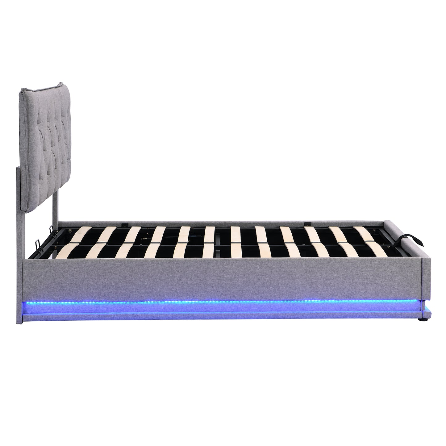 Cama tapizada de tamaño completo con sistema de almacenamiento hidráulico y luz LED, plataforma moderna con cabecera con diseño de botones, gris