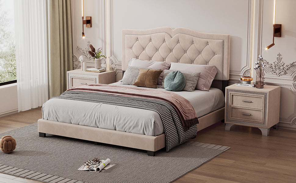 Queen Size Upholstered Bed Frame with Rivet Design, Modern Velvet Platform Bed with Tufted Headboard,Beige