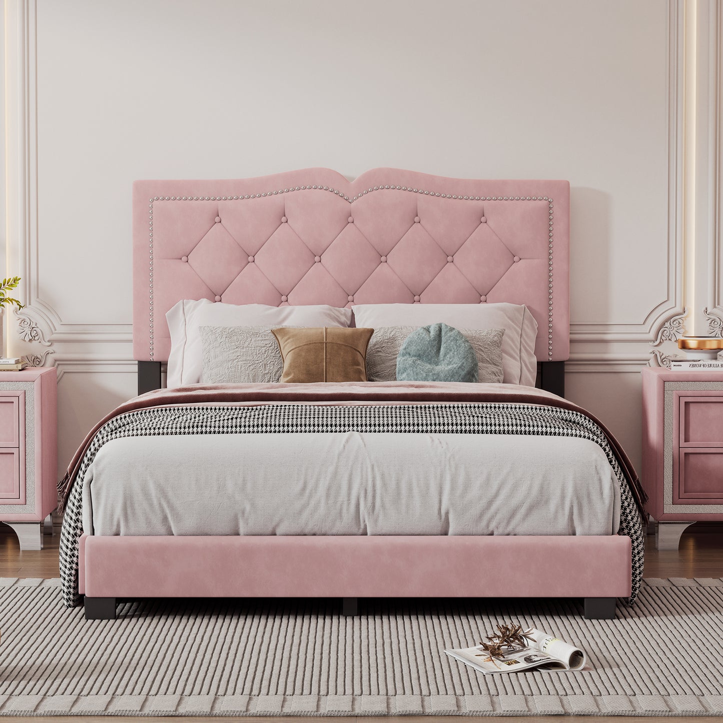 Full Size Upholstered Bed Frame with Rivet Design, Modern Velvet Platform Bed with Tufted Headboard,Pink