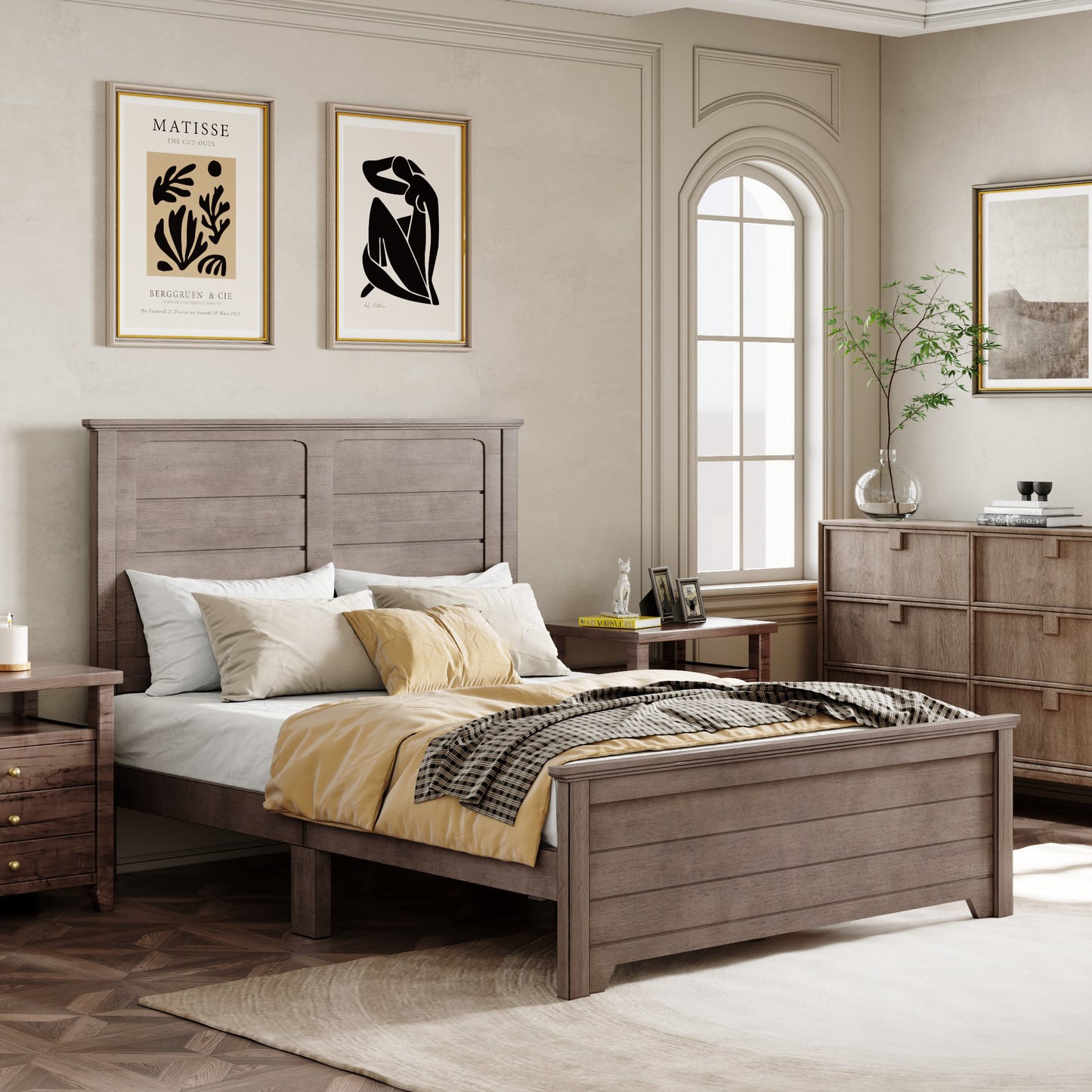 Farmhouse Wooden Platform Queen Size Bed with Panel Design Headboard and Footboard for Teenager, Ash Brown