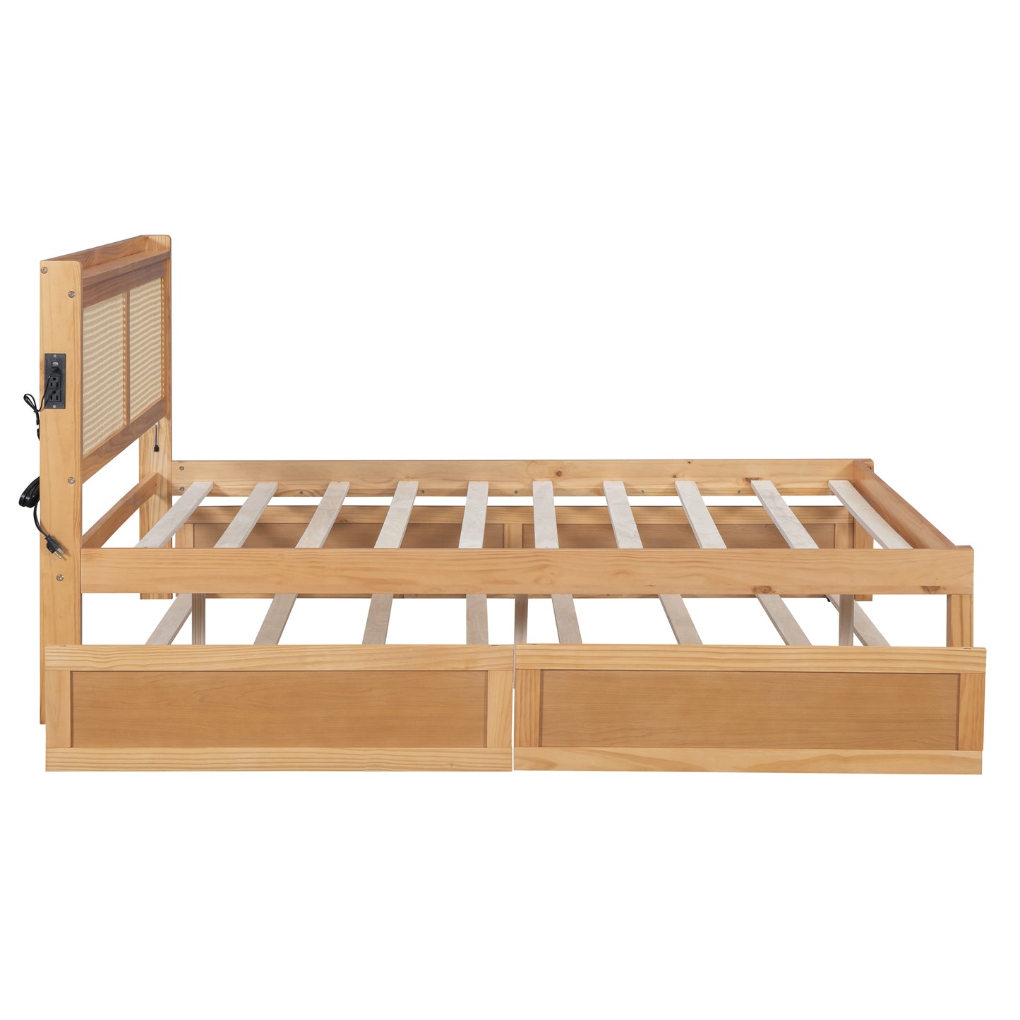 Full Size Elegant Bed Frame with Rattan Headboard and Sockets ,Natural