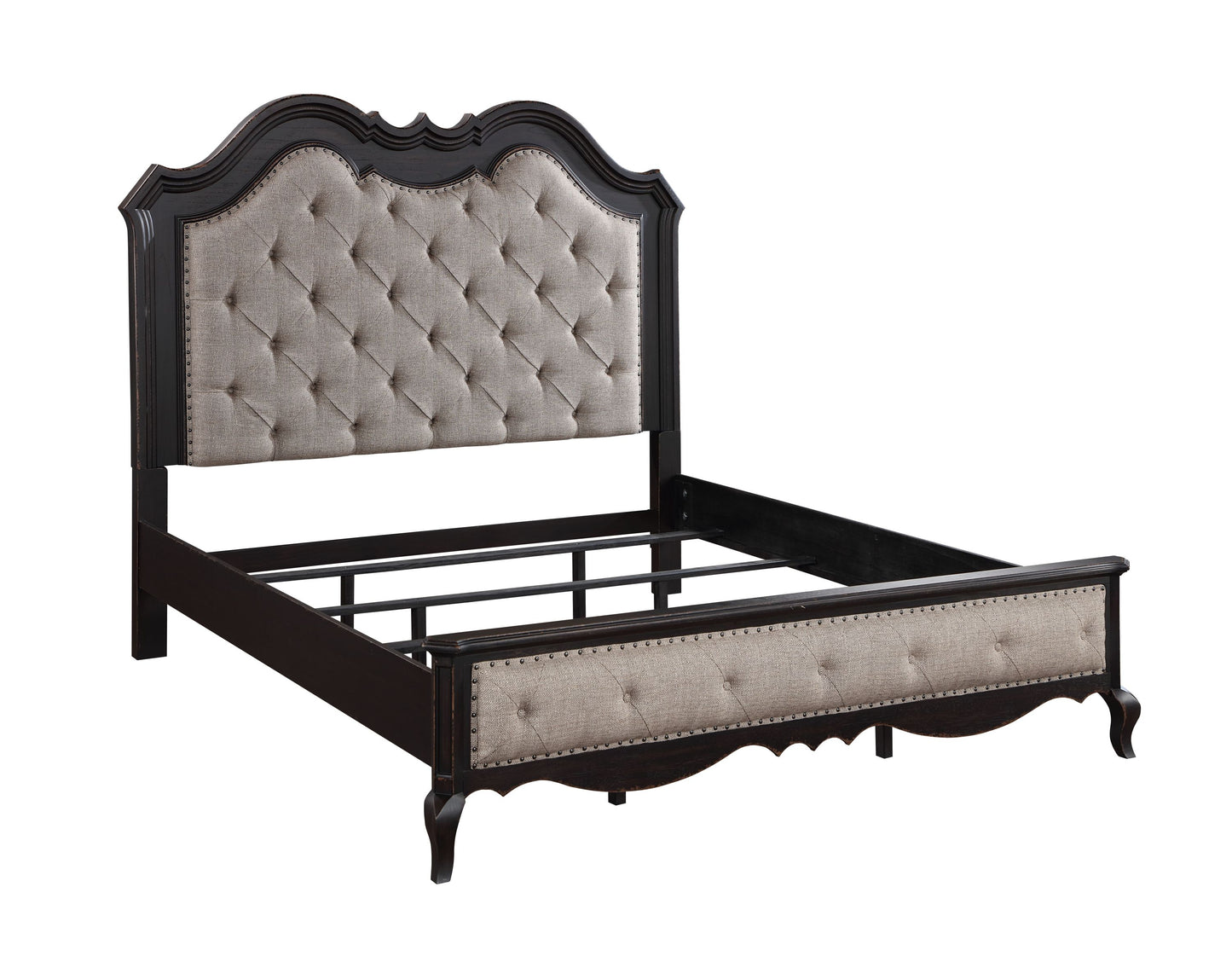 ACME Chelmsford Queen Bed, Beige Fabric & Antique Black Finish BD02296Q