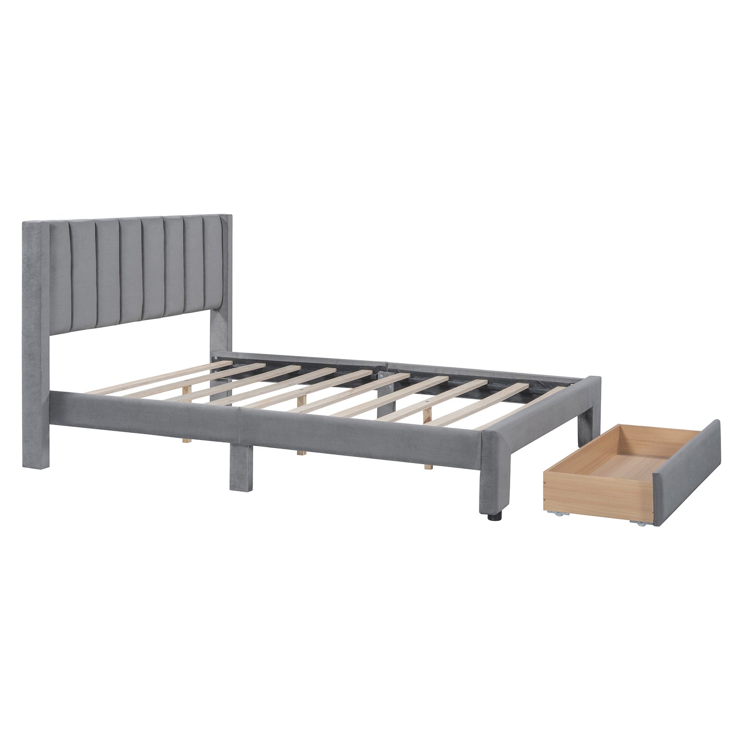 Full Size Storage Bed Velvet Upholstered Platform Bed with a Big Drawer - Gray(old sku:WF296850AAE)