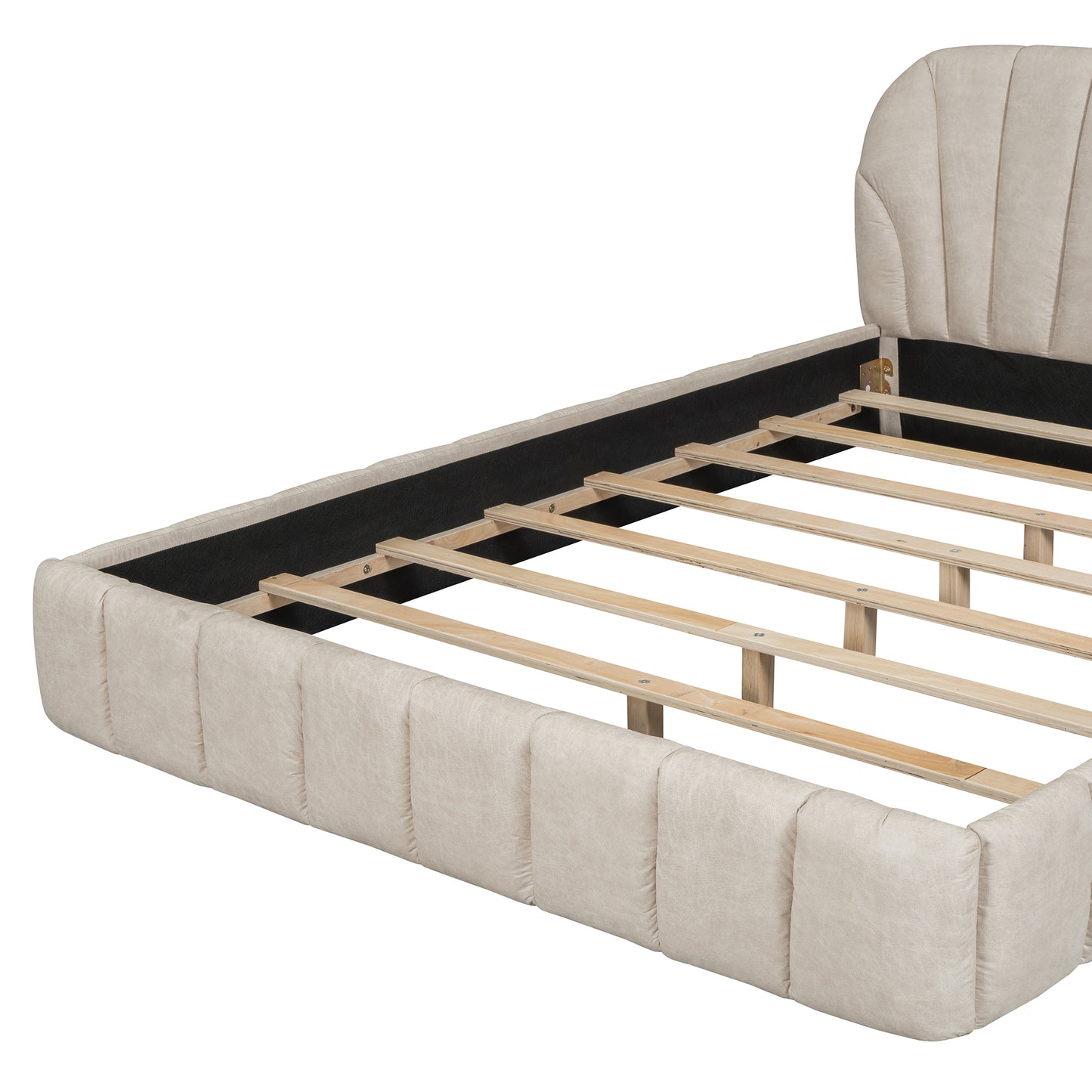 Queen Size Upholstered Platform Bed with Thick Fabric, Polyester, Beige