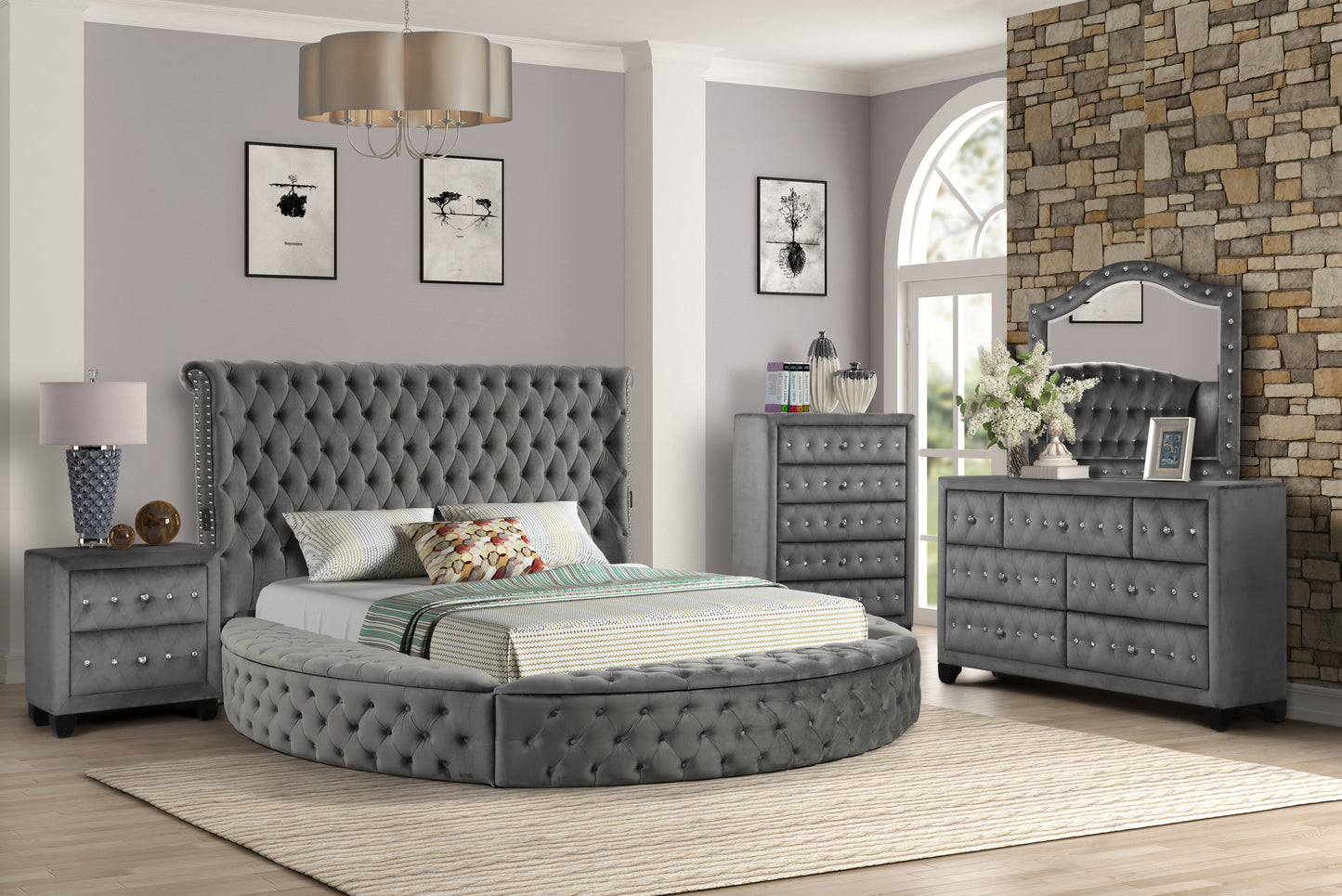 Queen 5 Pc Tufted Upholstery Bedroom Set Made with Wood In Gray