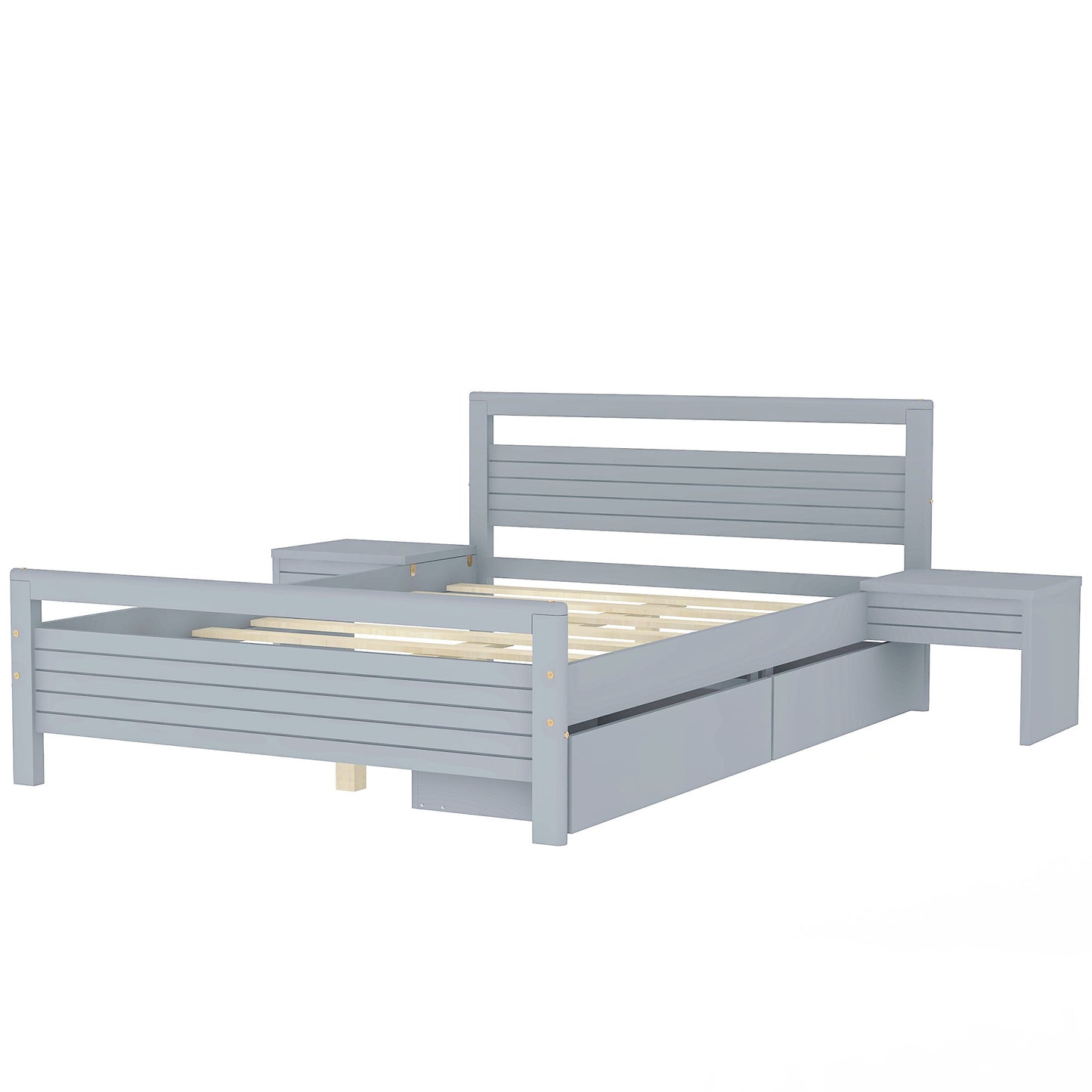 Lit plateforme en bois pleine grandeur avec 2 tiroirs de rangement et 2 tables de chevet, gris