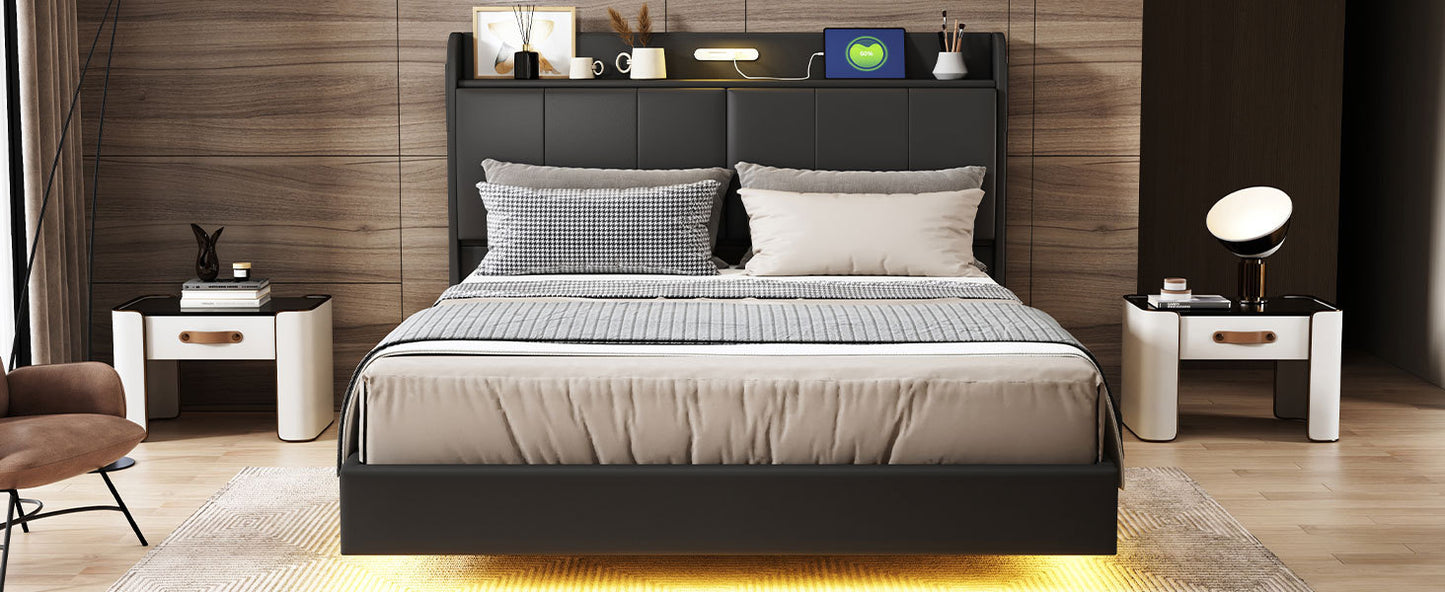 Queen Size Floating Bed Frame with Storage Headboard, Modern Upholstered Platform Bed with Touch Sensor Night Light and USB Charger, Black